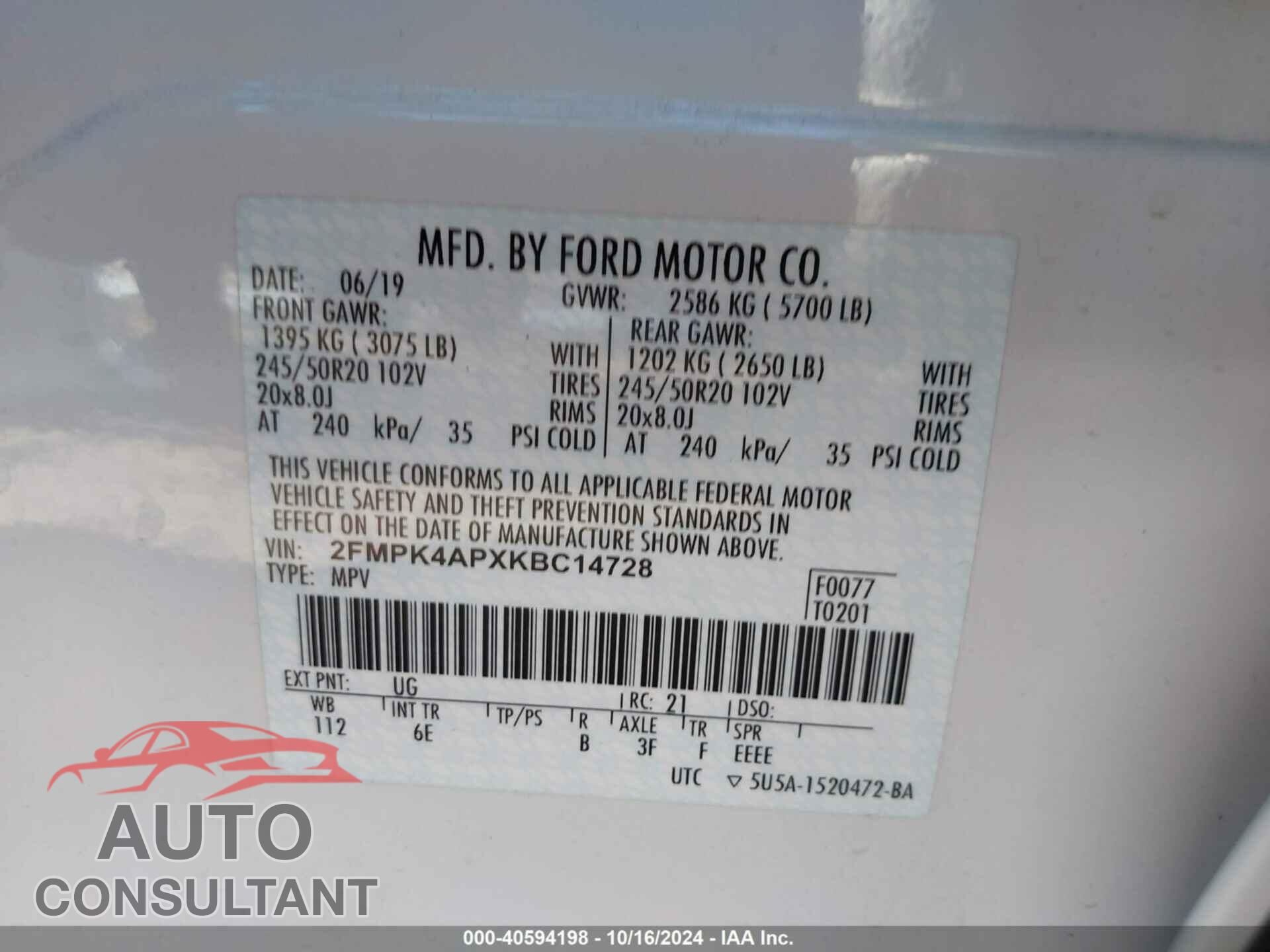 FORD EDGE 2019 - 2FMPK4APXKBC14728