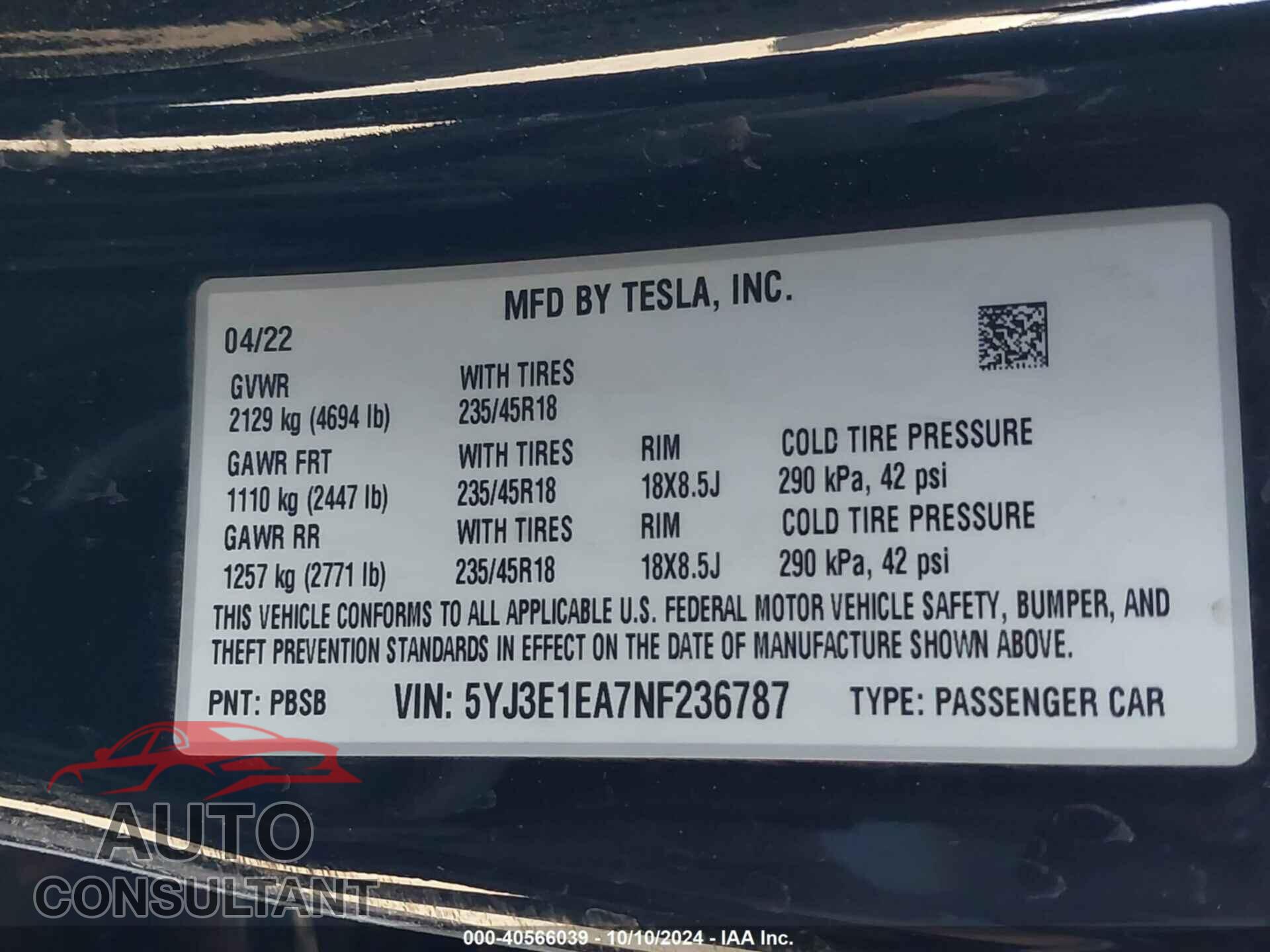 TESLA MODEL 3 2022 - 5YJ3E1EA7NF236787