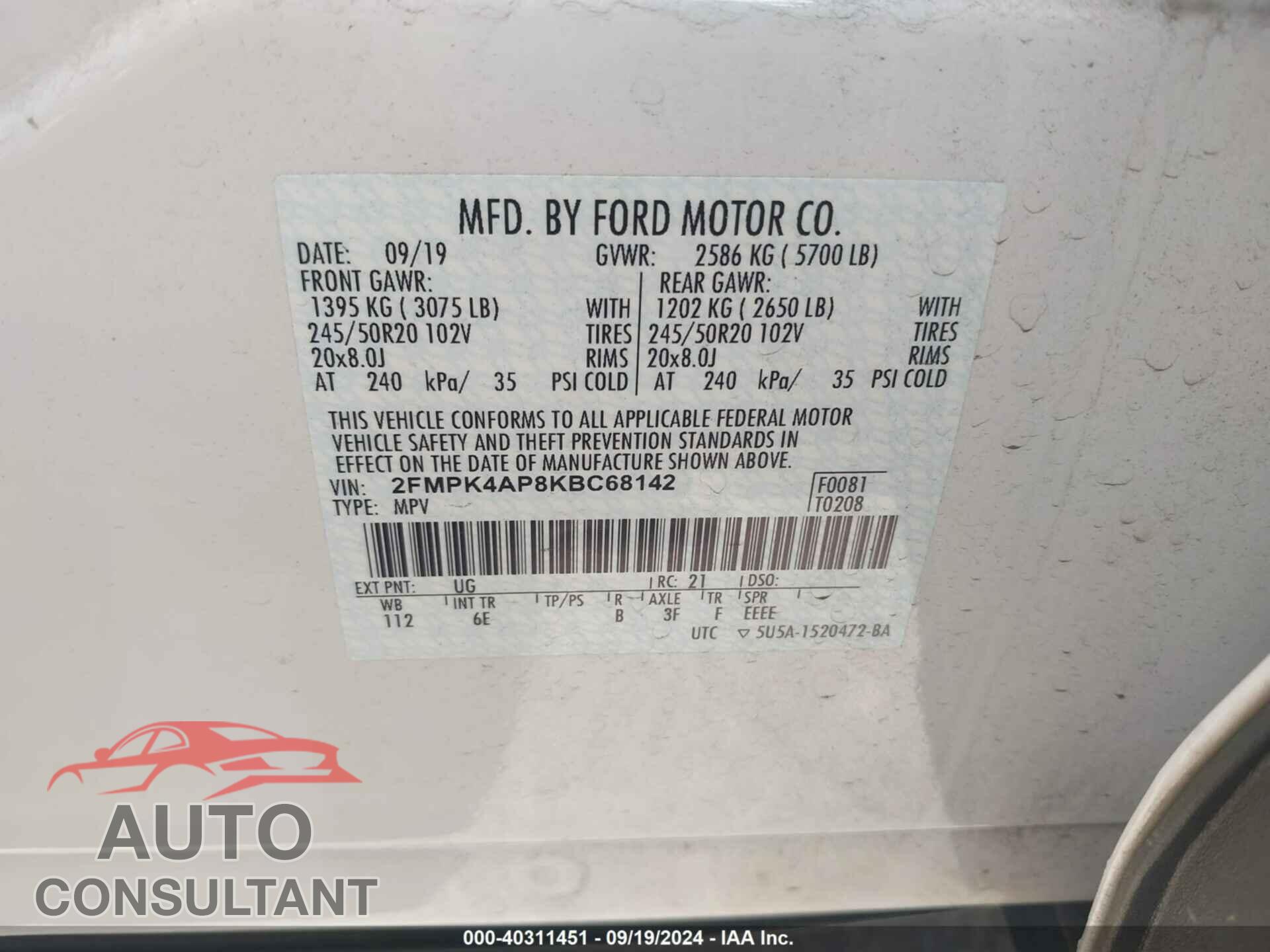 FORD EDGE 2019 - 2FMPK4AP8KBC68142