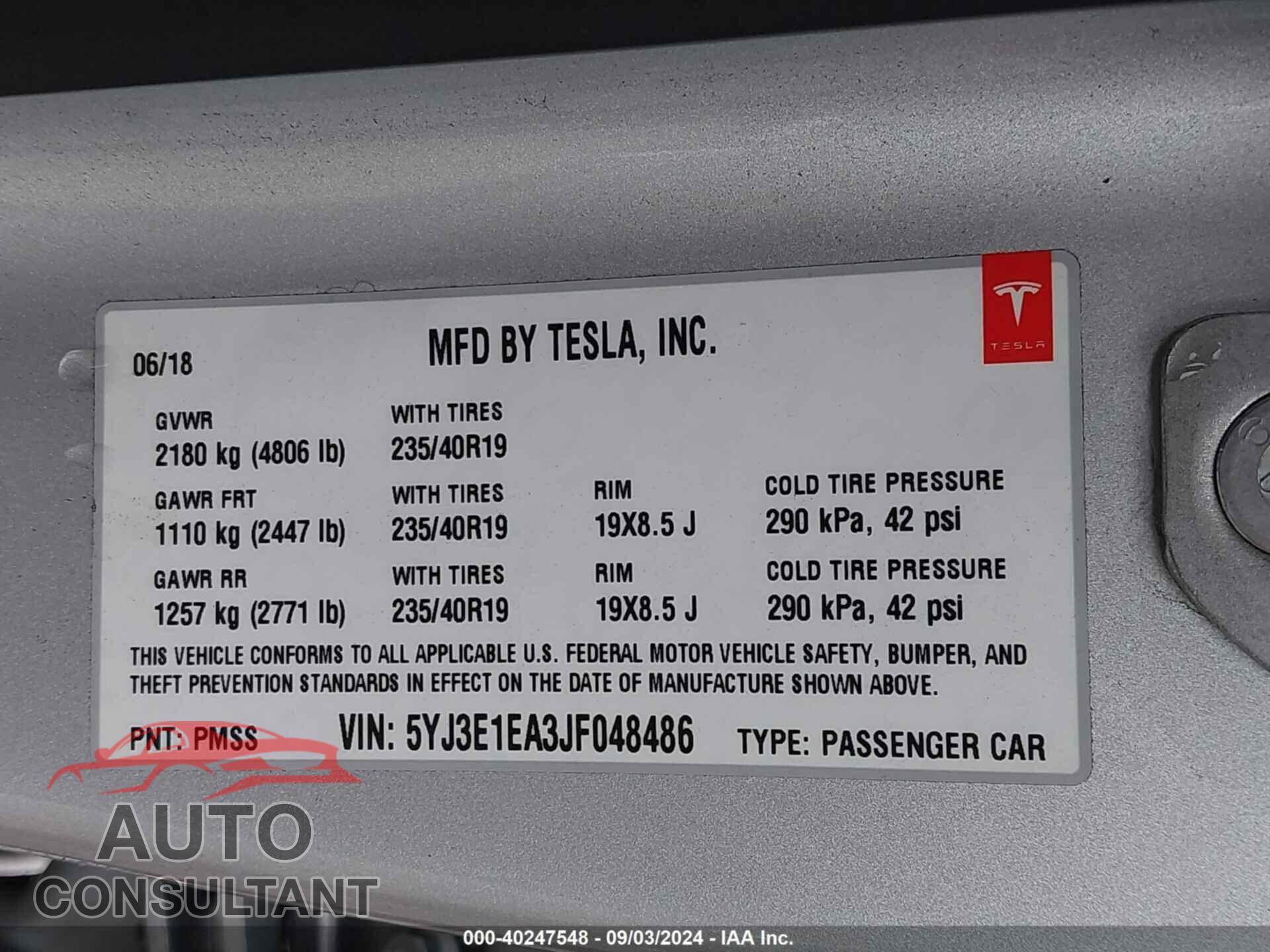 TESLA MODEL 3 2018 - 5YJ3E1EA3JF048486