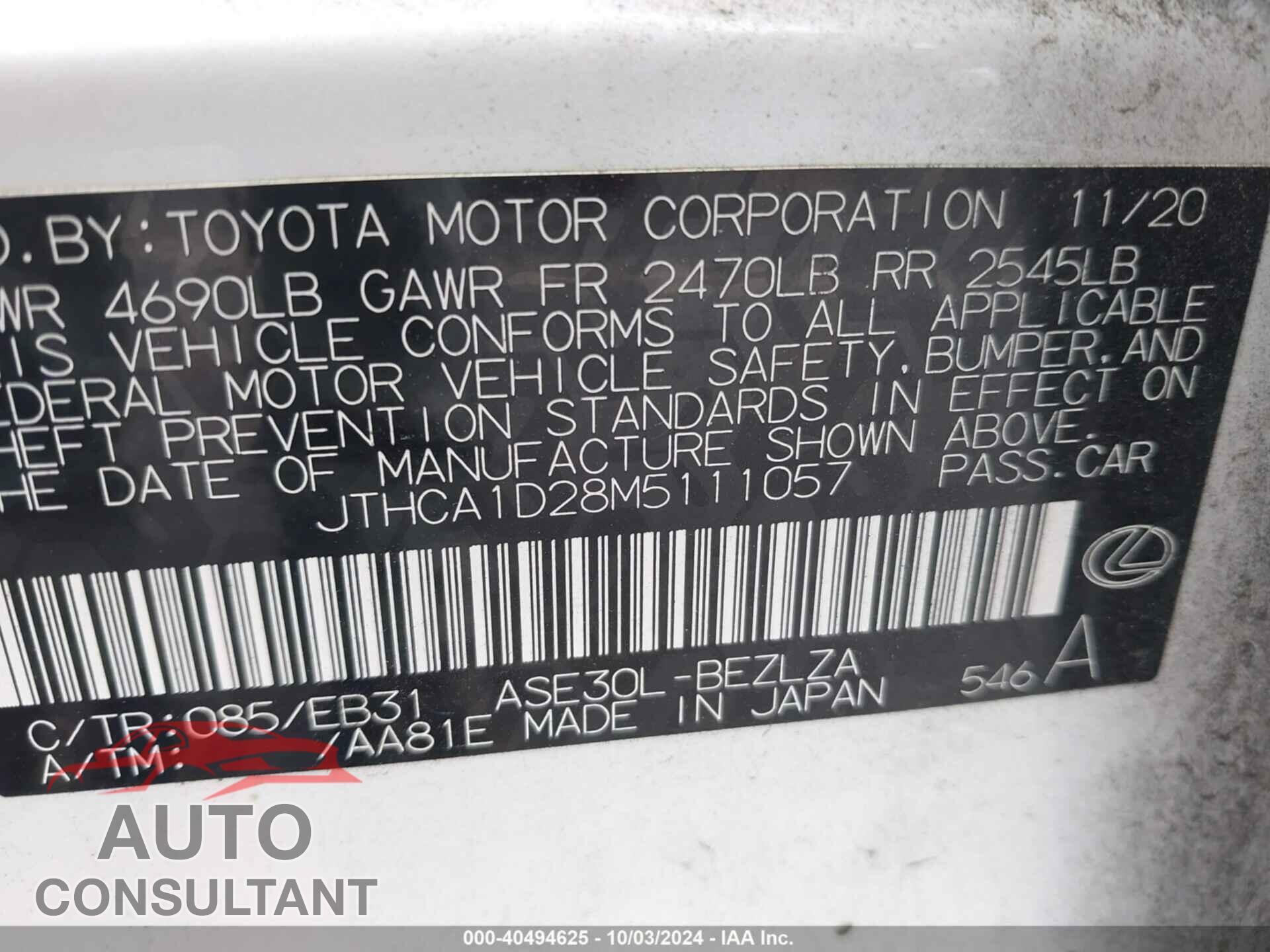 LEXUS IS 2021 - JTHCA1D28M5111057