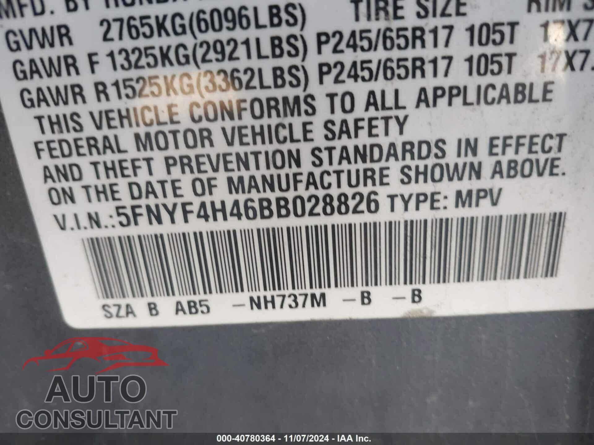 HONDA PILOT 2011 - 5FNYF4H46BB028826
