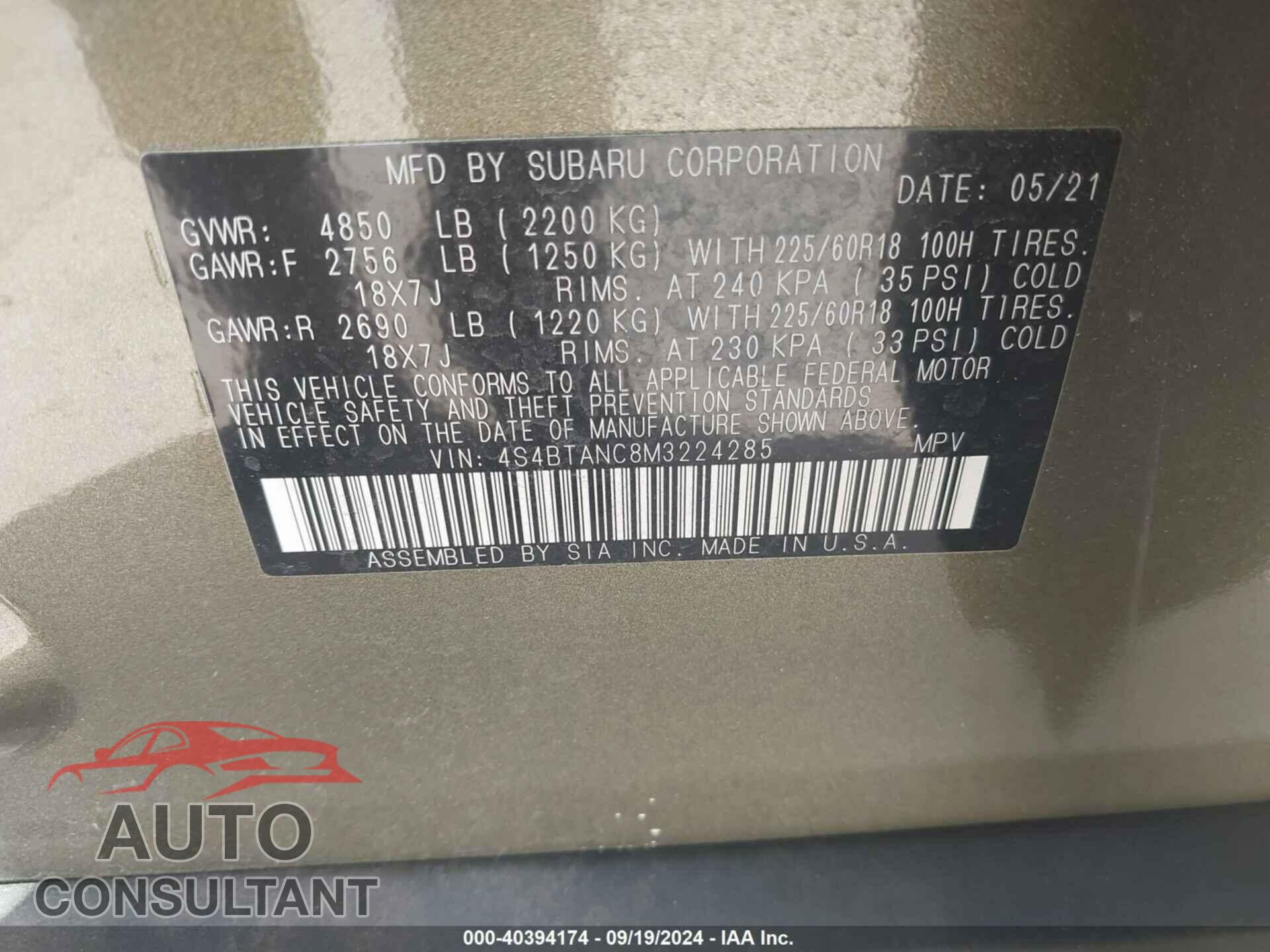 SUBARU OUTBACK 2021 - 4S4BTANC8M3224285