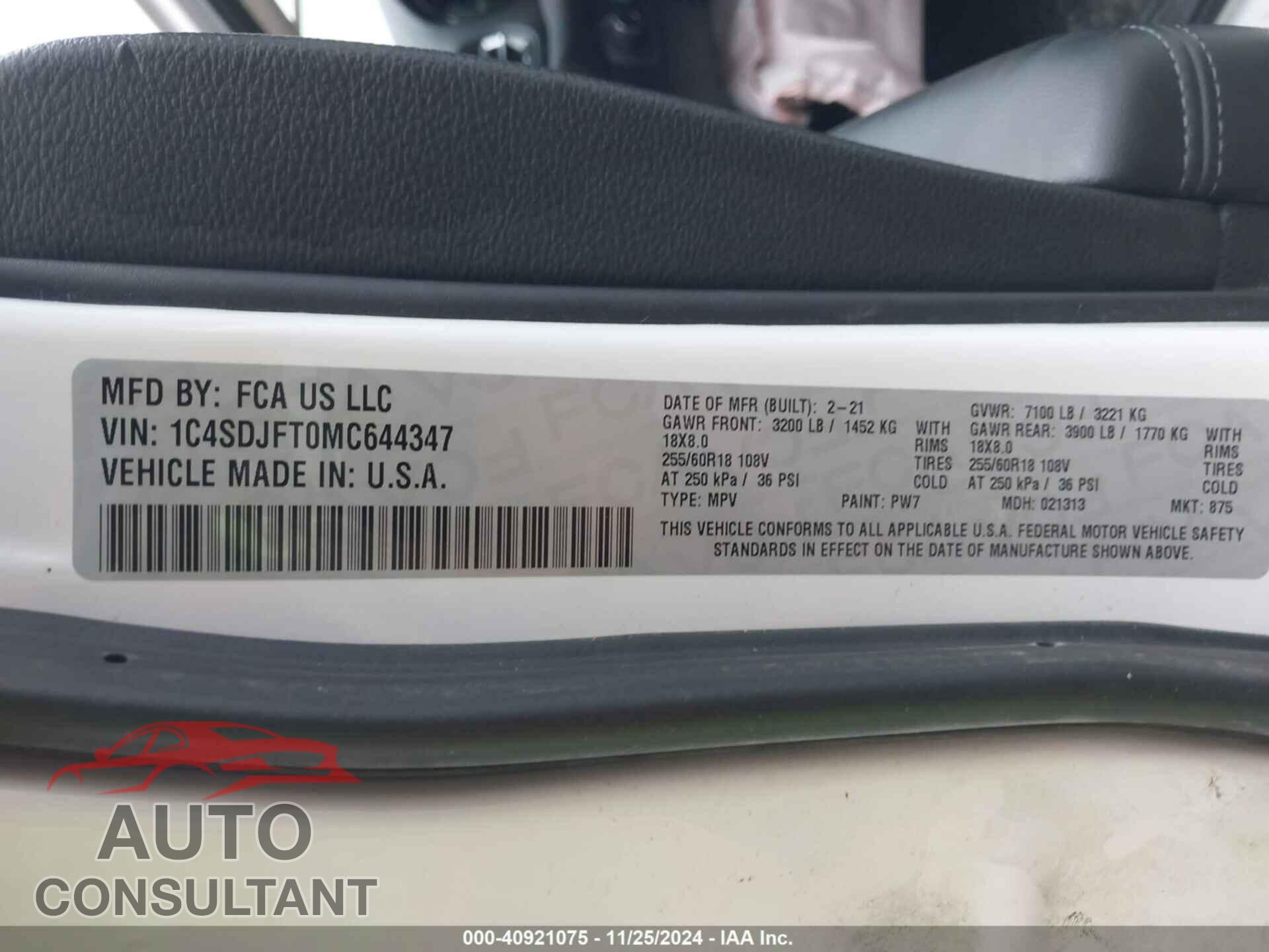 DODGE DURANGO 2021 - 1C4SDJFT0MC644347