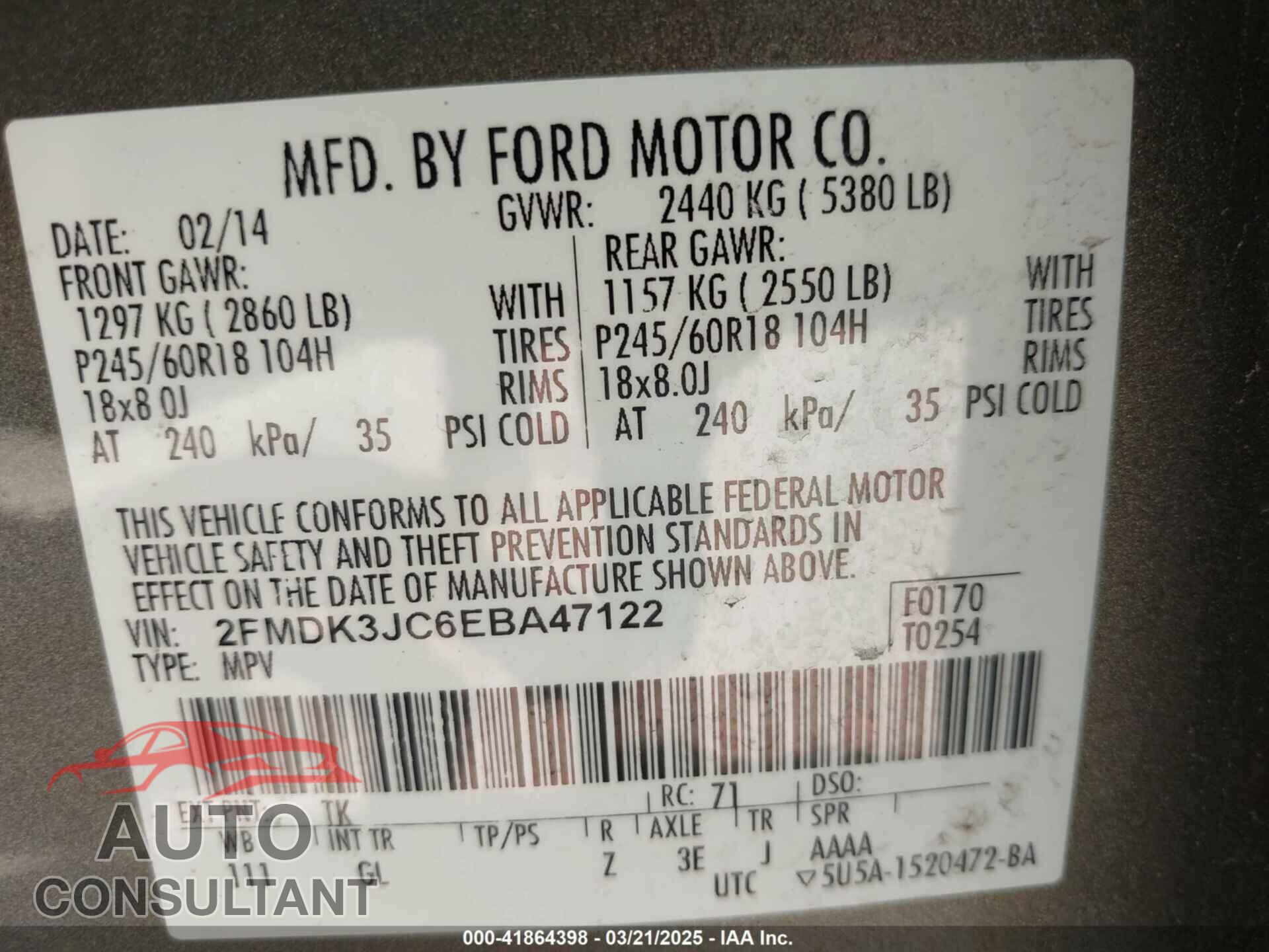 FORD EDGE 2014 - 2FMDK3JC6EBA47122