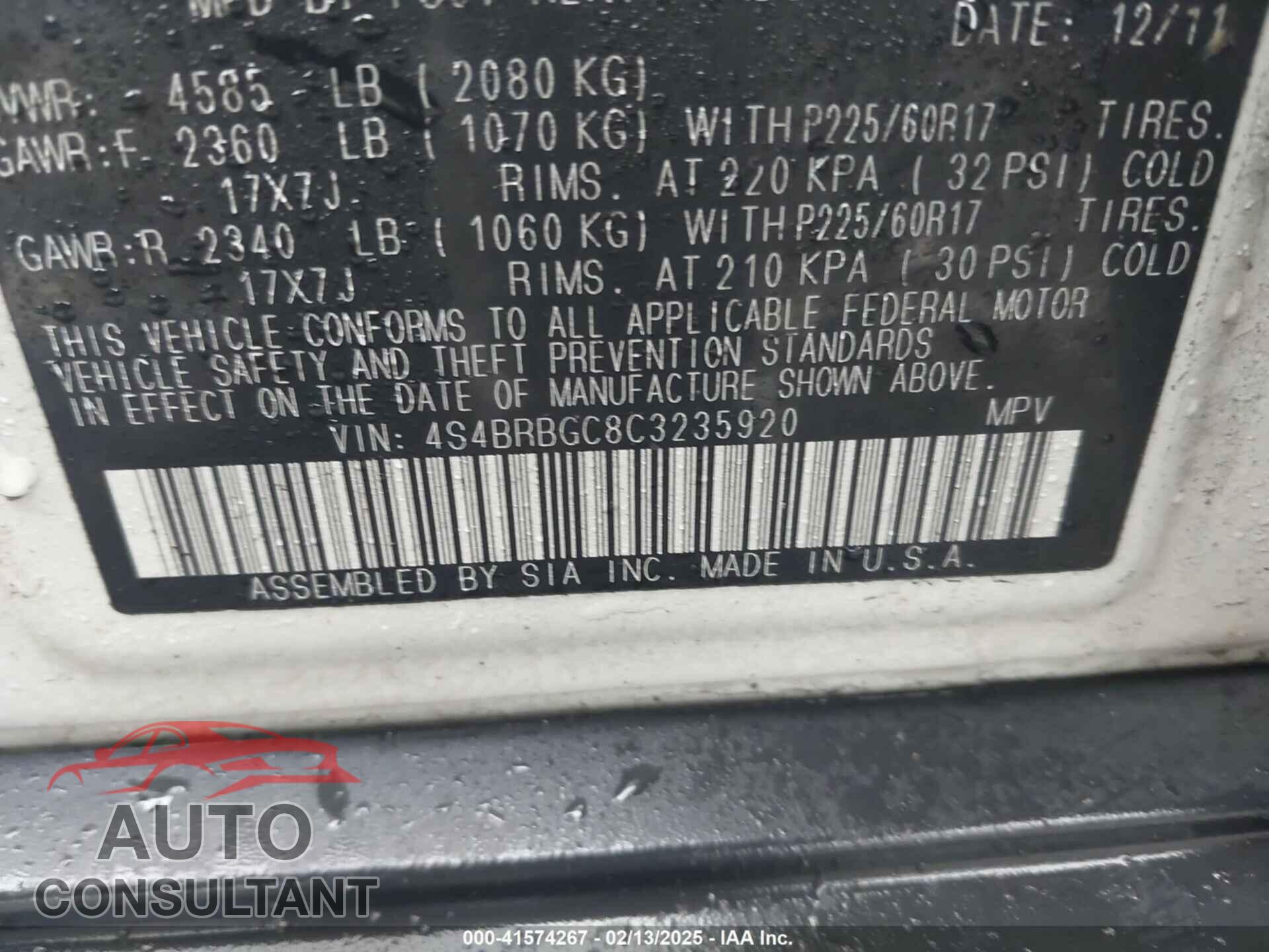 SUBARU OUTBACK 2012 - 4S4BRBGC8C3235920