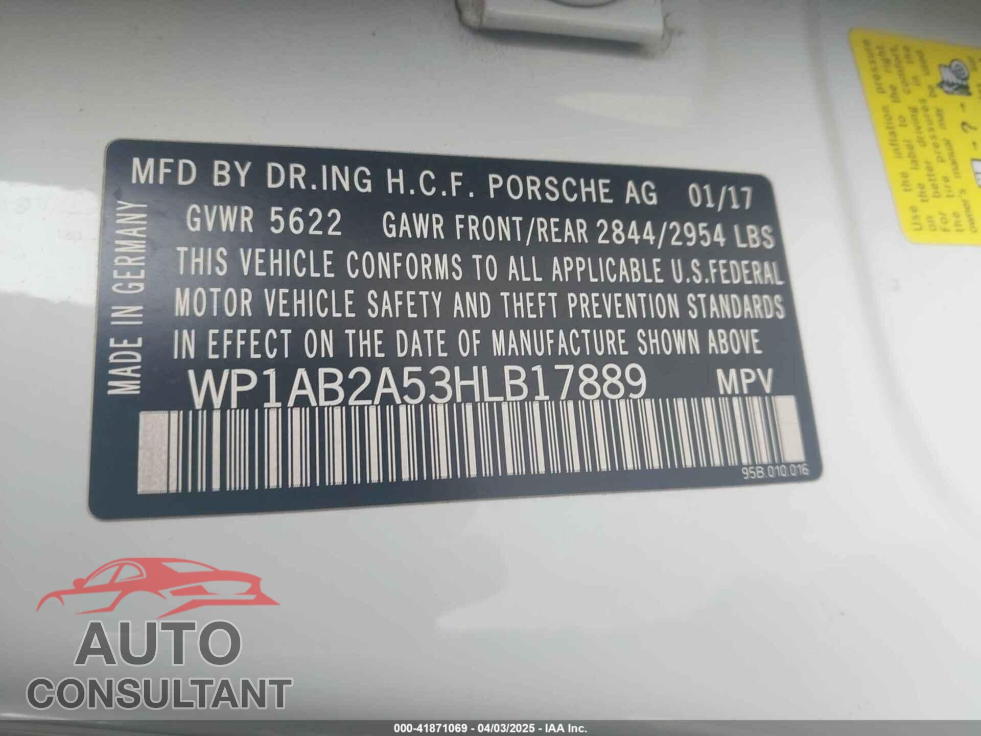PORSCHE MACAN 2017 - WP1AB2A53HLB17889