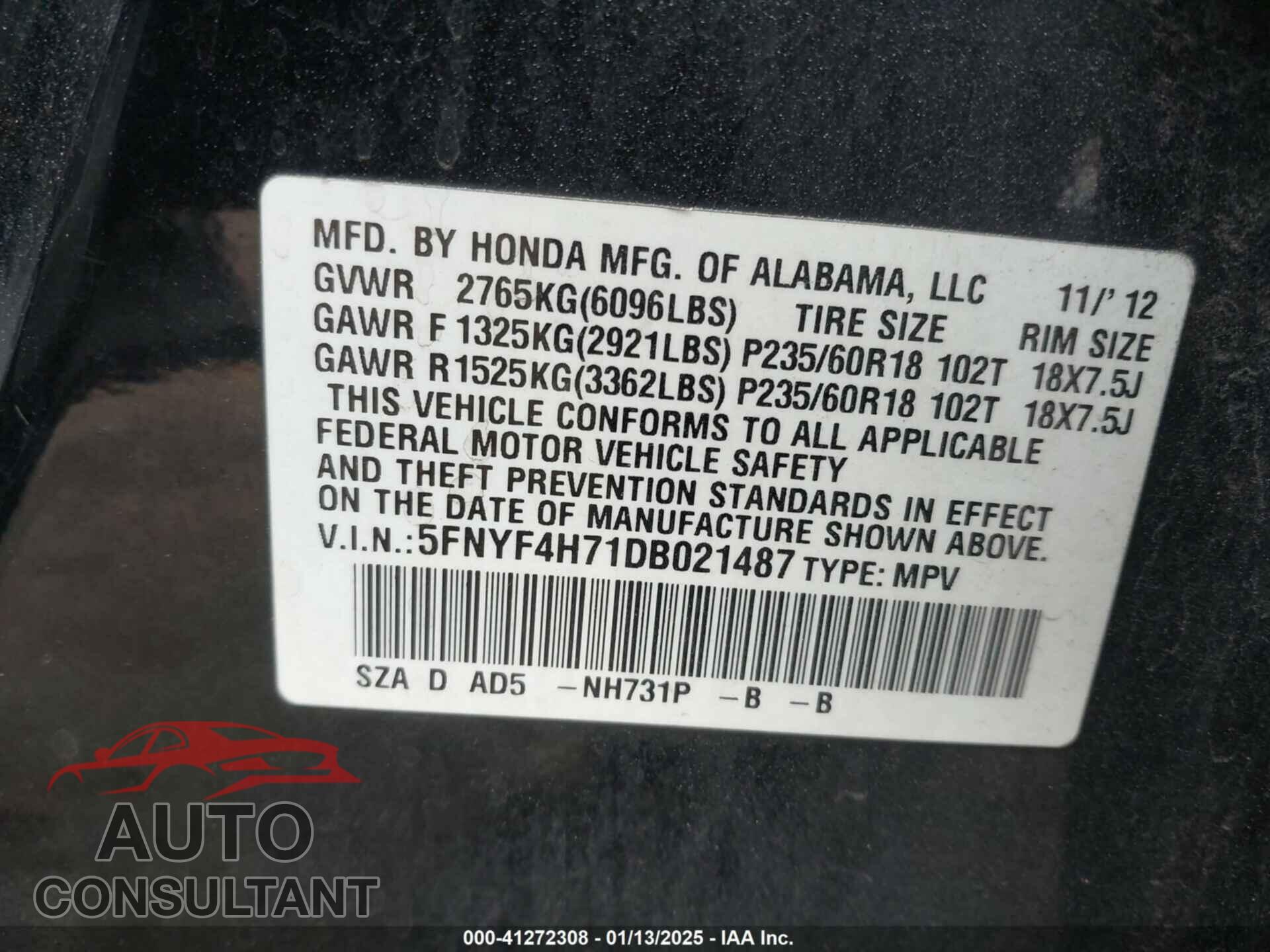 HONDA PILOT 2013 - 5FNYF4H71DB021487