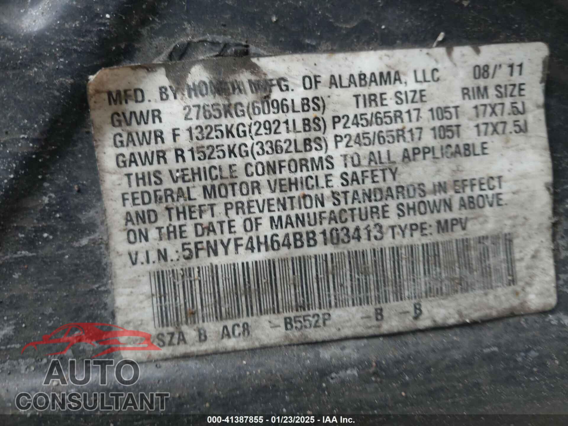HONDA PILOT 2011 - 5FNYF4H64BB103413