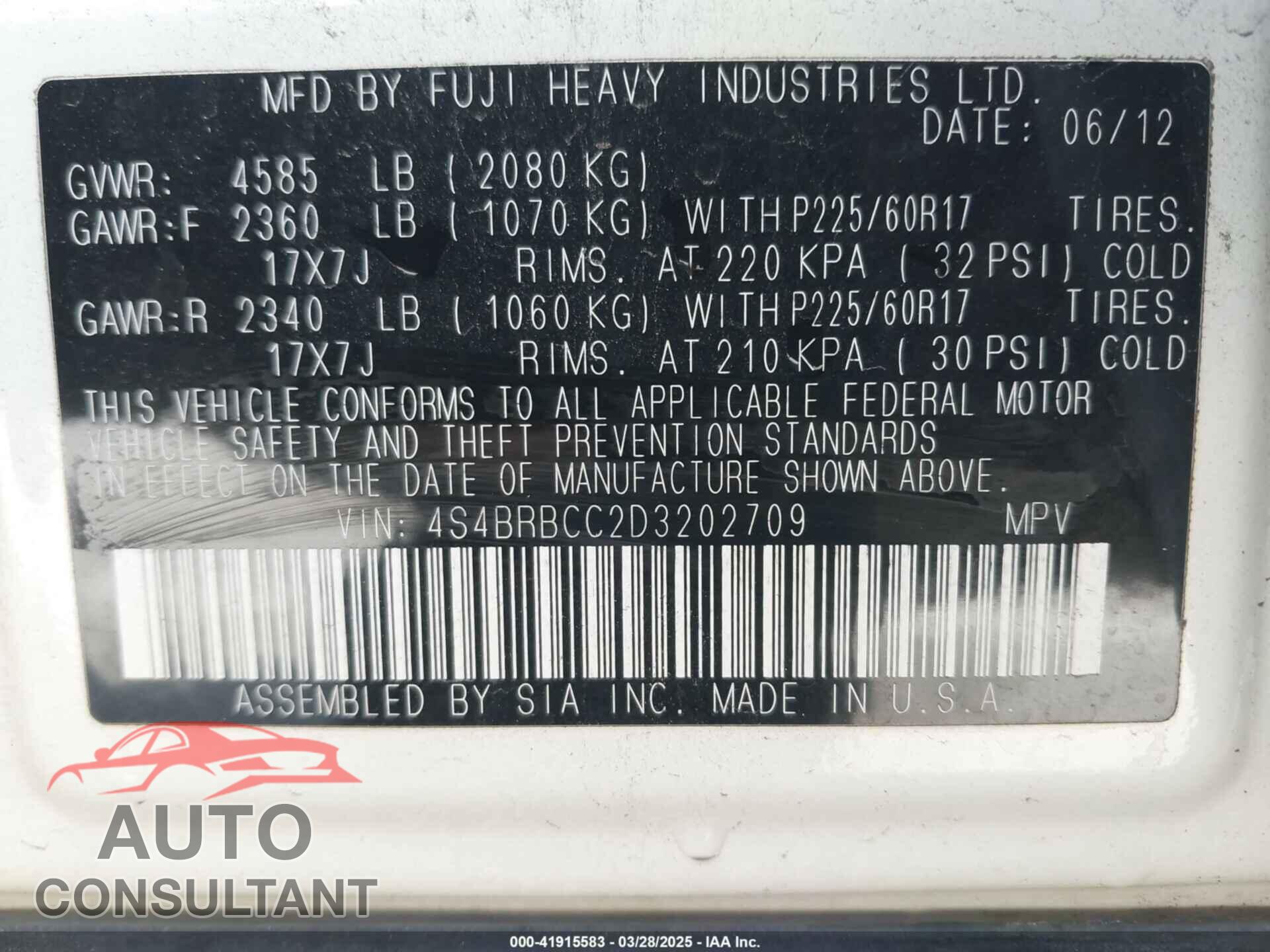 SUBARU OUTBACK 2013 - 4S4BRBCC2D3202709