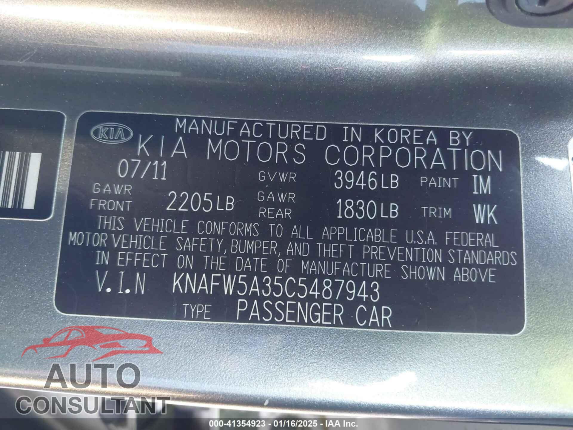 KIA FORTE 2012 - KNAFW5A35C5487943