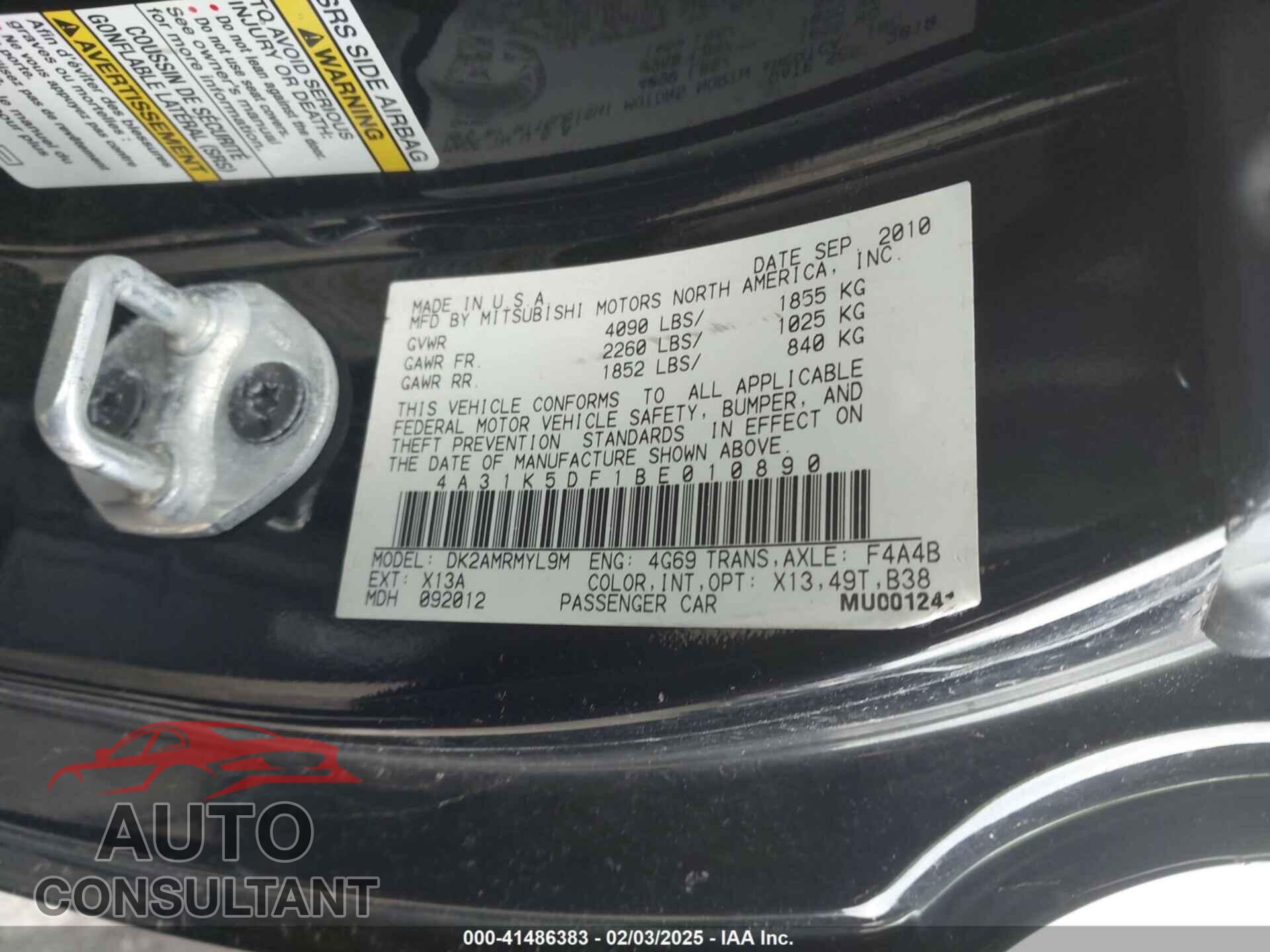 MITSUBISHI ECLIPSE 2011 - 4A31K5DF1BE010890