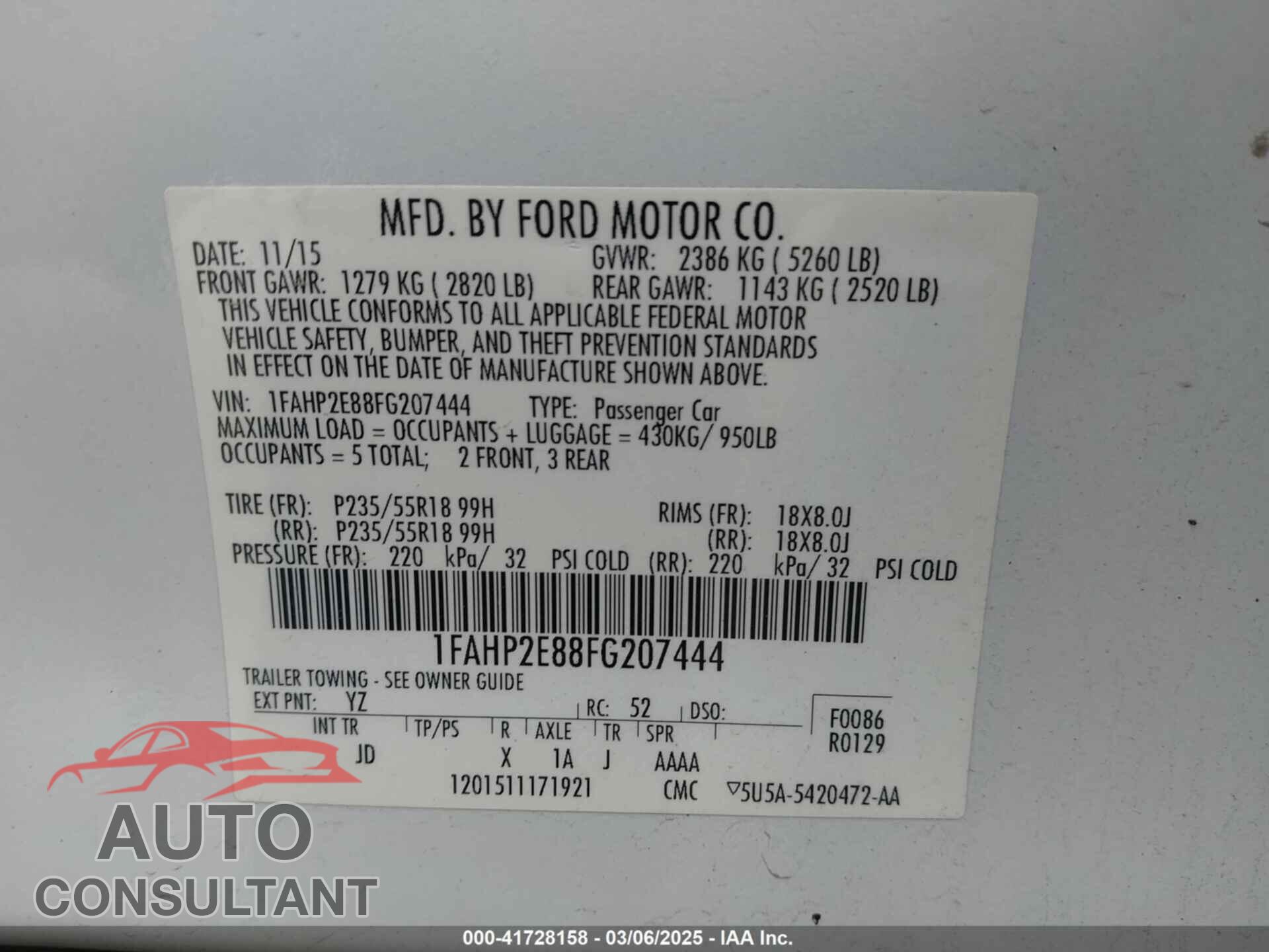 FORD TAURUS 2015 - 1FAHP2E88FG207444