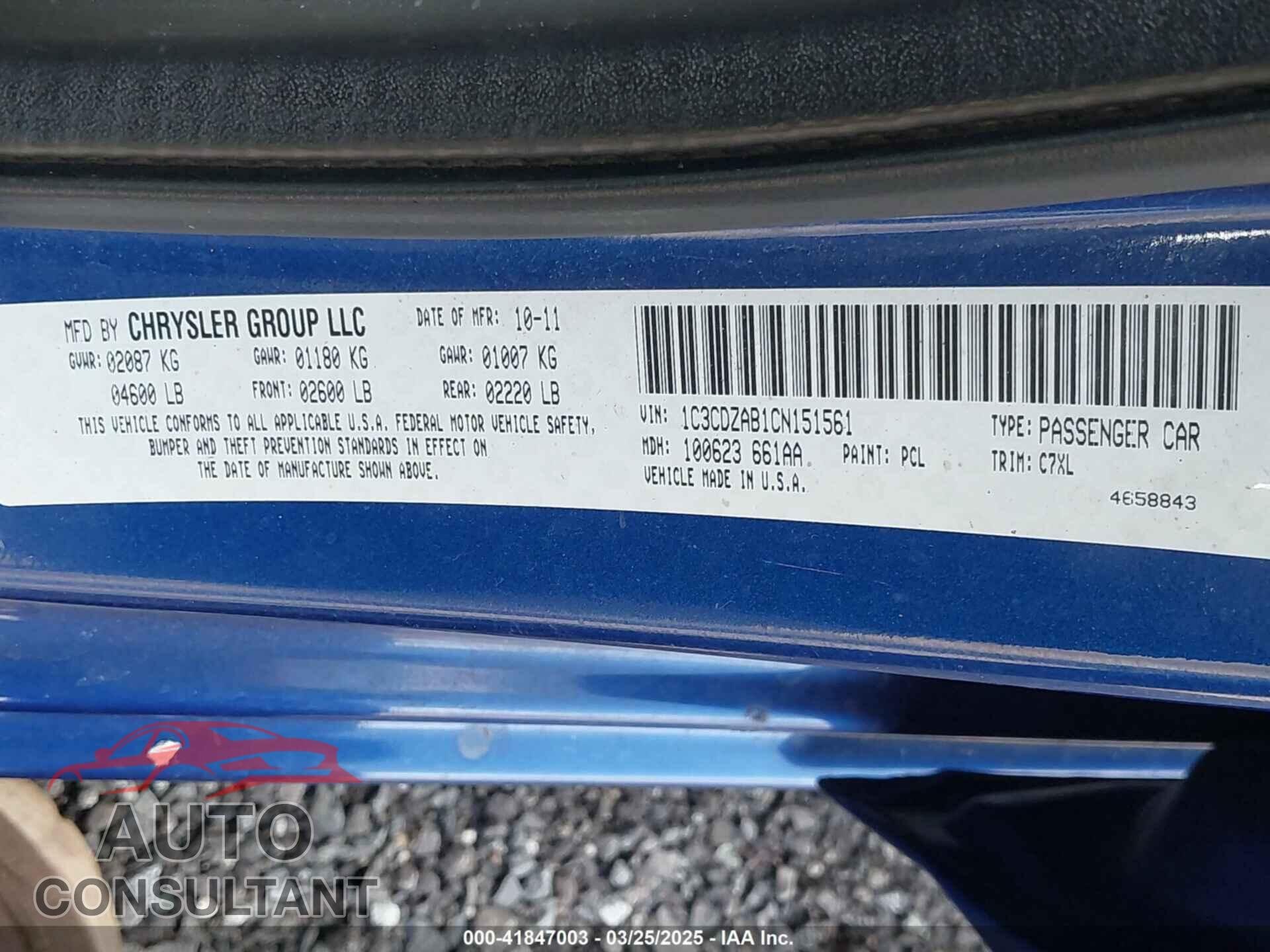 DODGE AVENGER 2012 - 1C3CDZAB1CN151561