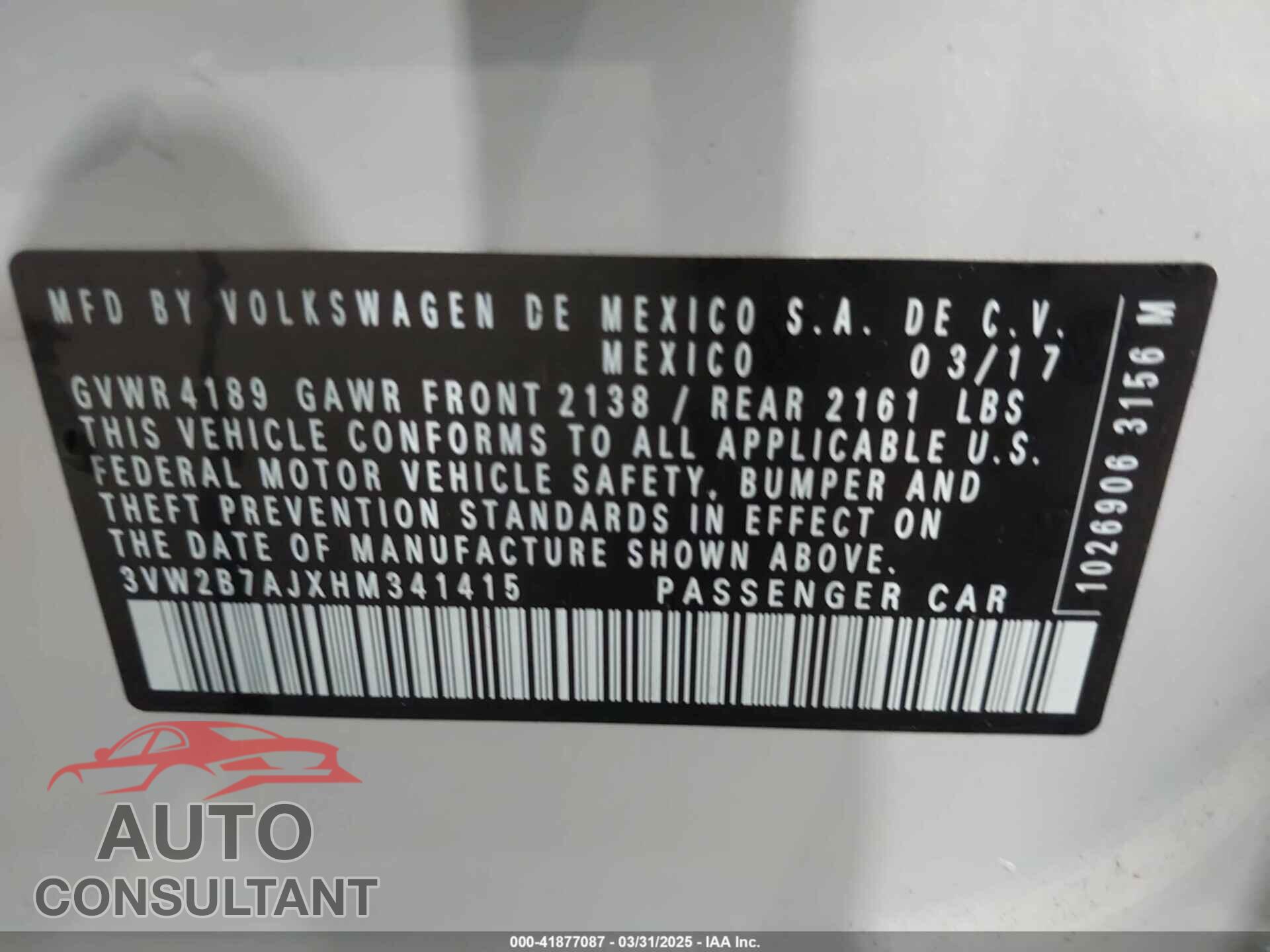 VOLKSWAGEN JETTA 2017 - 3VW2B7AJXHM341415