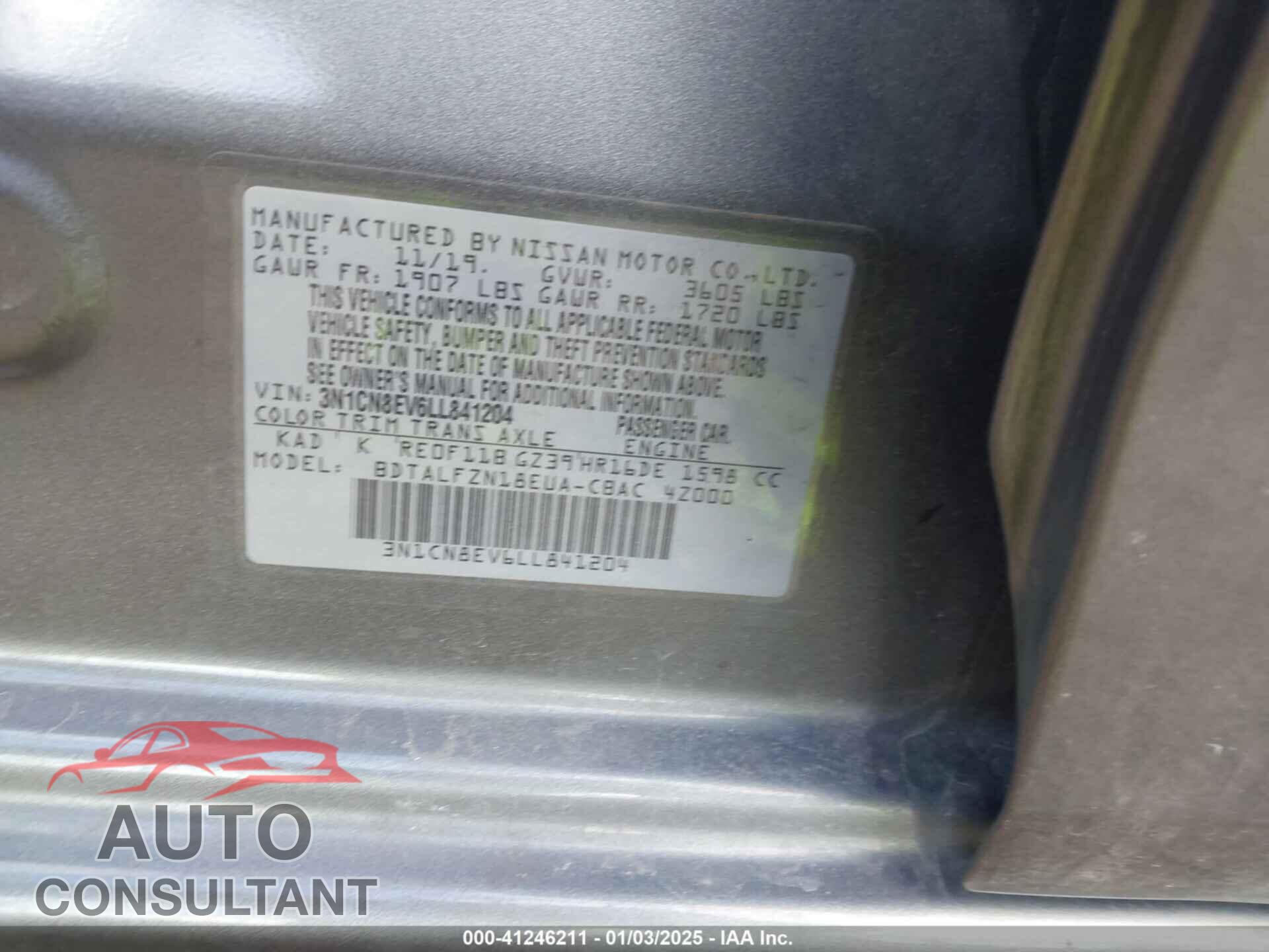 NISSAN VERSA 2020 - 3N1CN8EV6LL841204