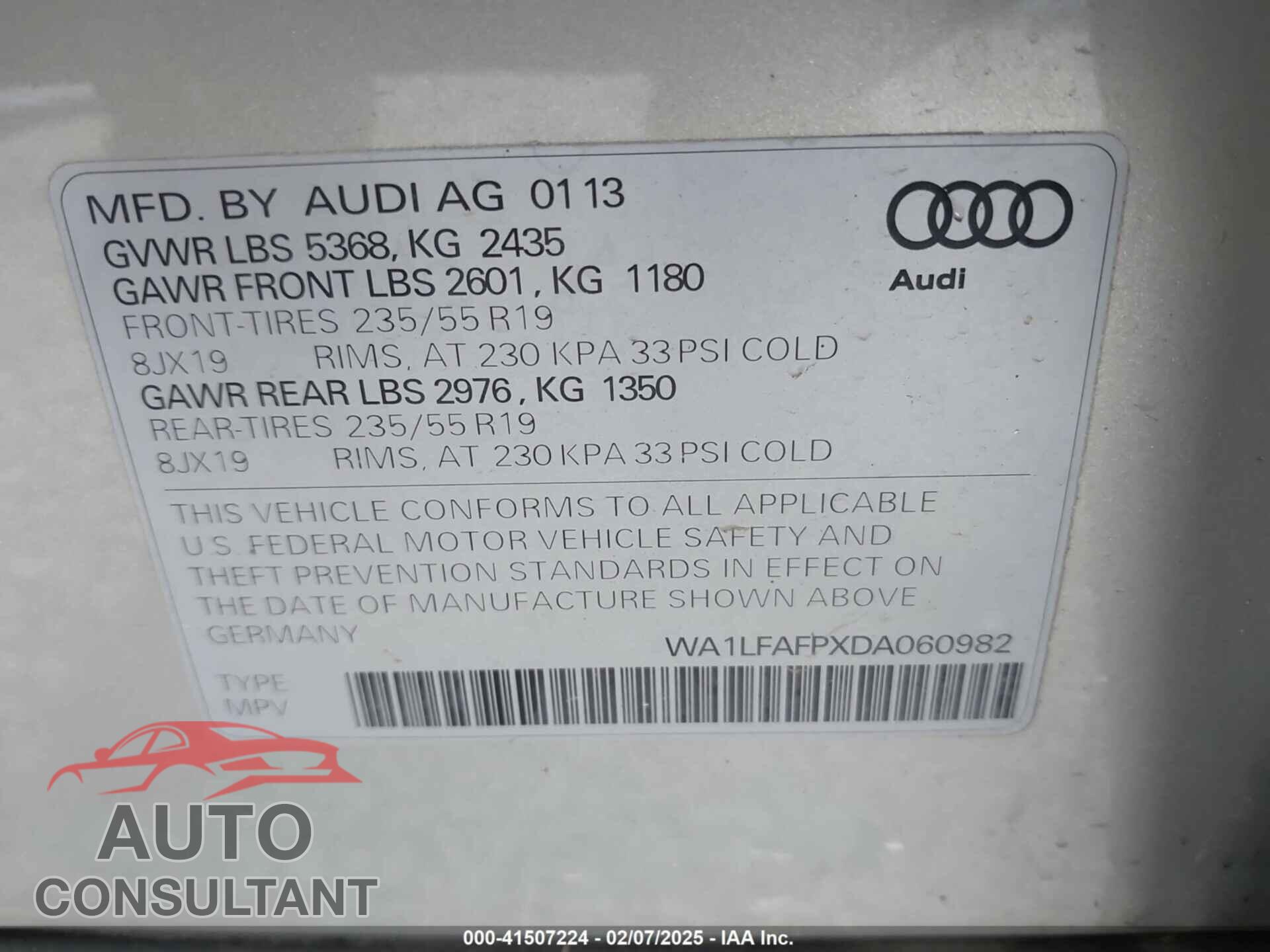 AUDI Q5 2013 - WA1LFAFPXDA060982