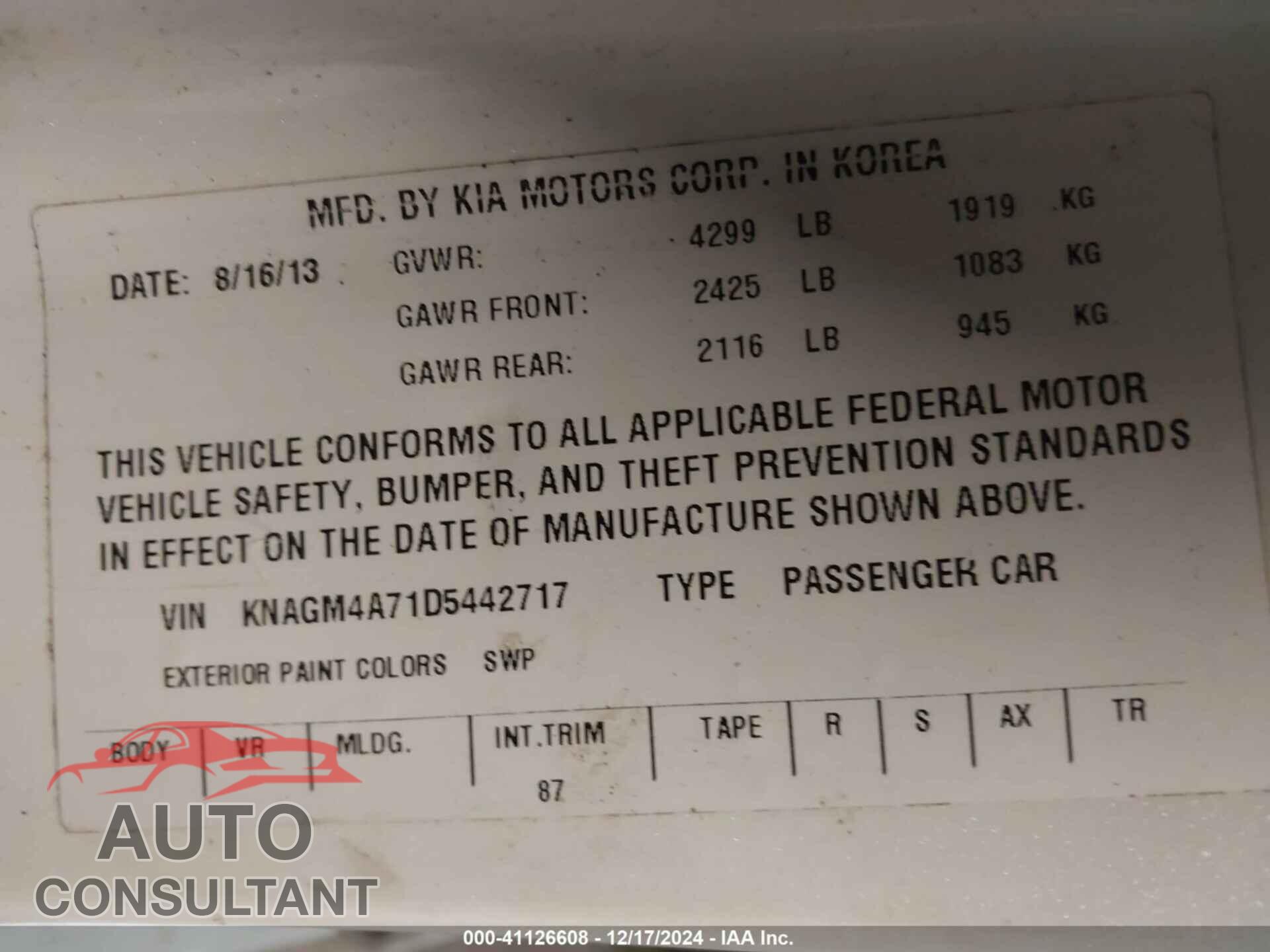 KIA OPTIMA 2013 - KNAGM4A71D5442717