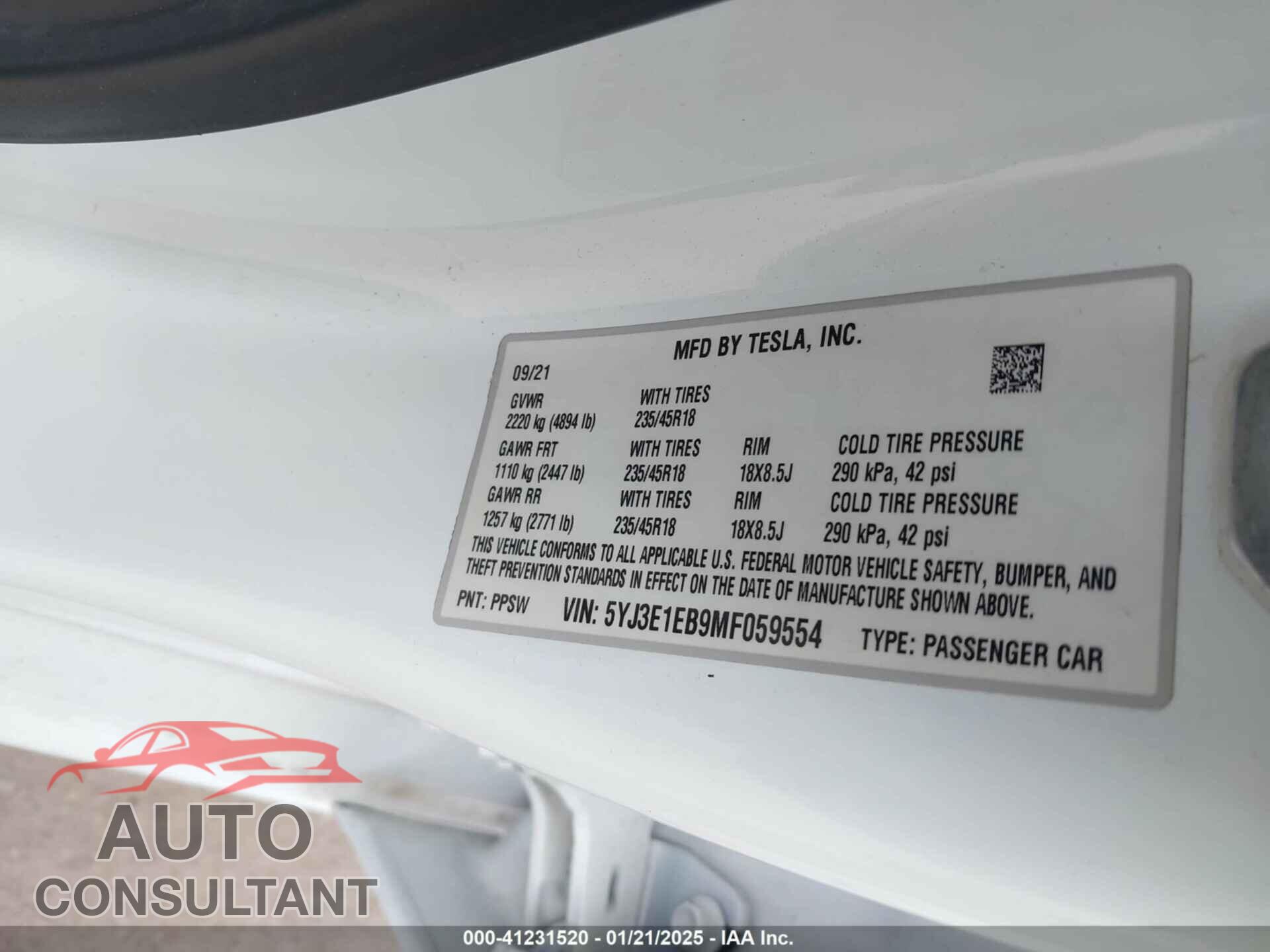 TESLA MODEL 3 2021 - 5YJ3E1EB9MF059554