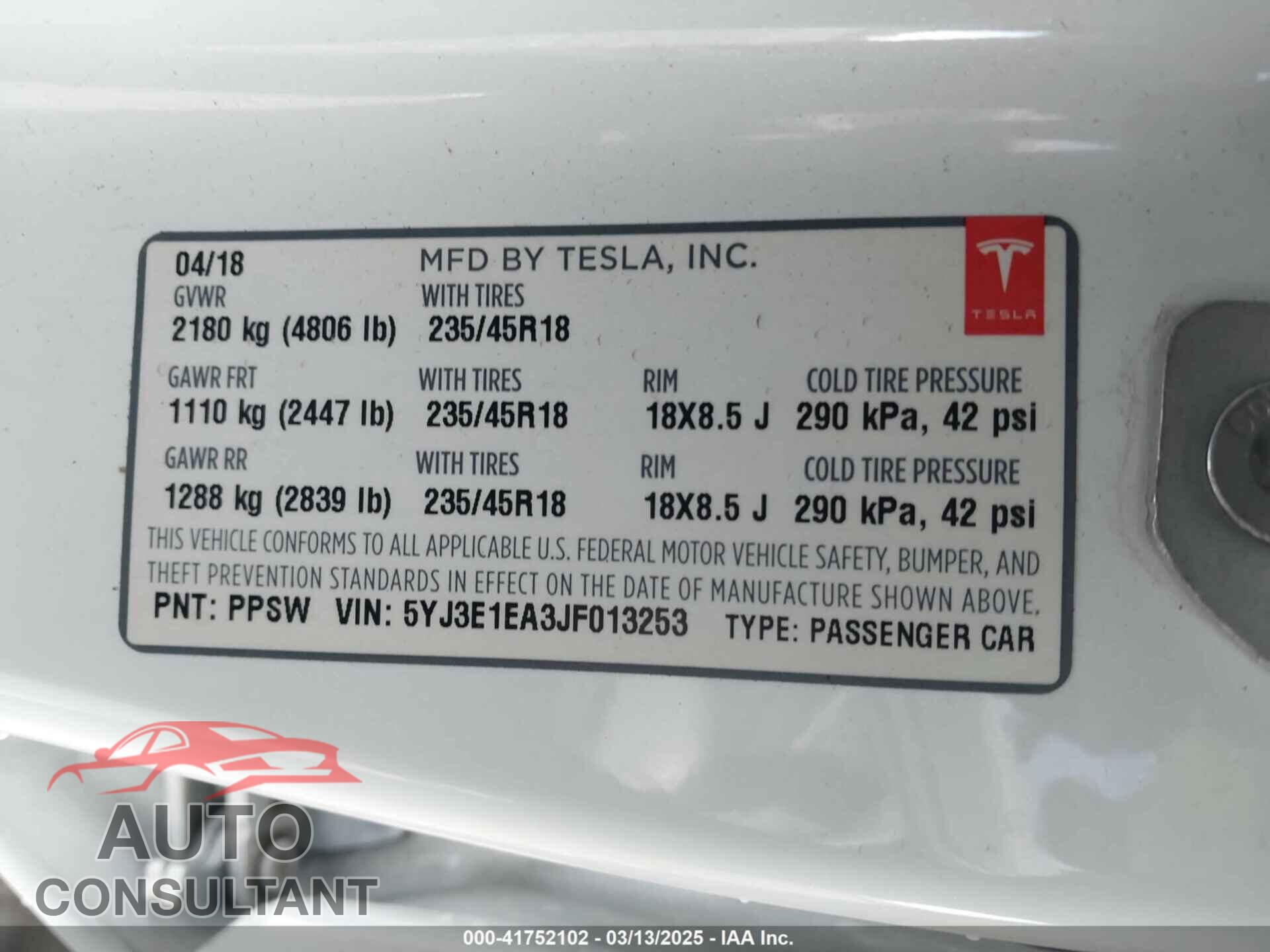 TESLA MODEL 3 2018 - 5YJ3E1EA3JF013253