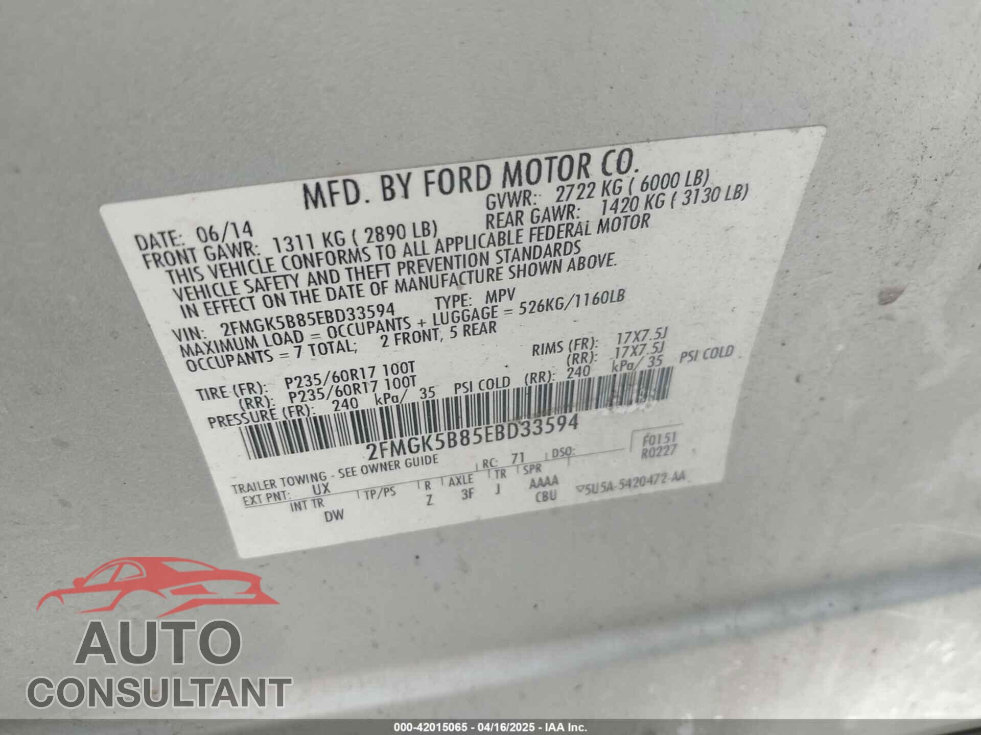 FORD FLEX 2014 - 2FMGK5B85EBD33594