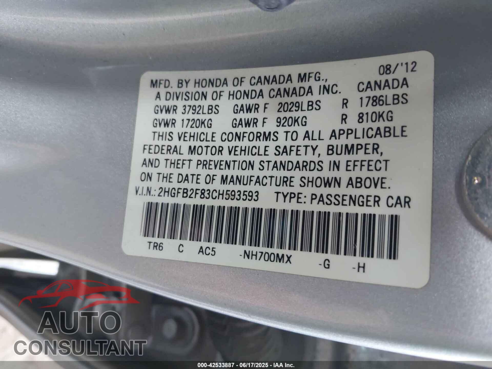 HONDA CIVIC 2012 - 2HGFB2F83CH593593