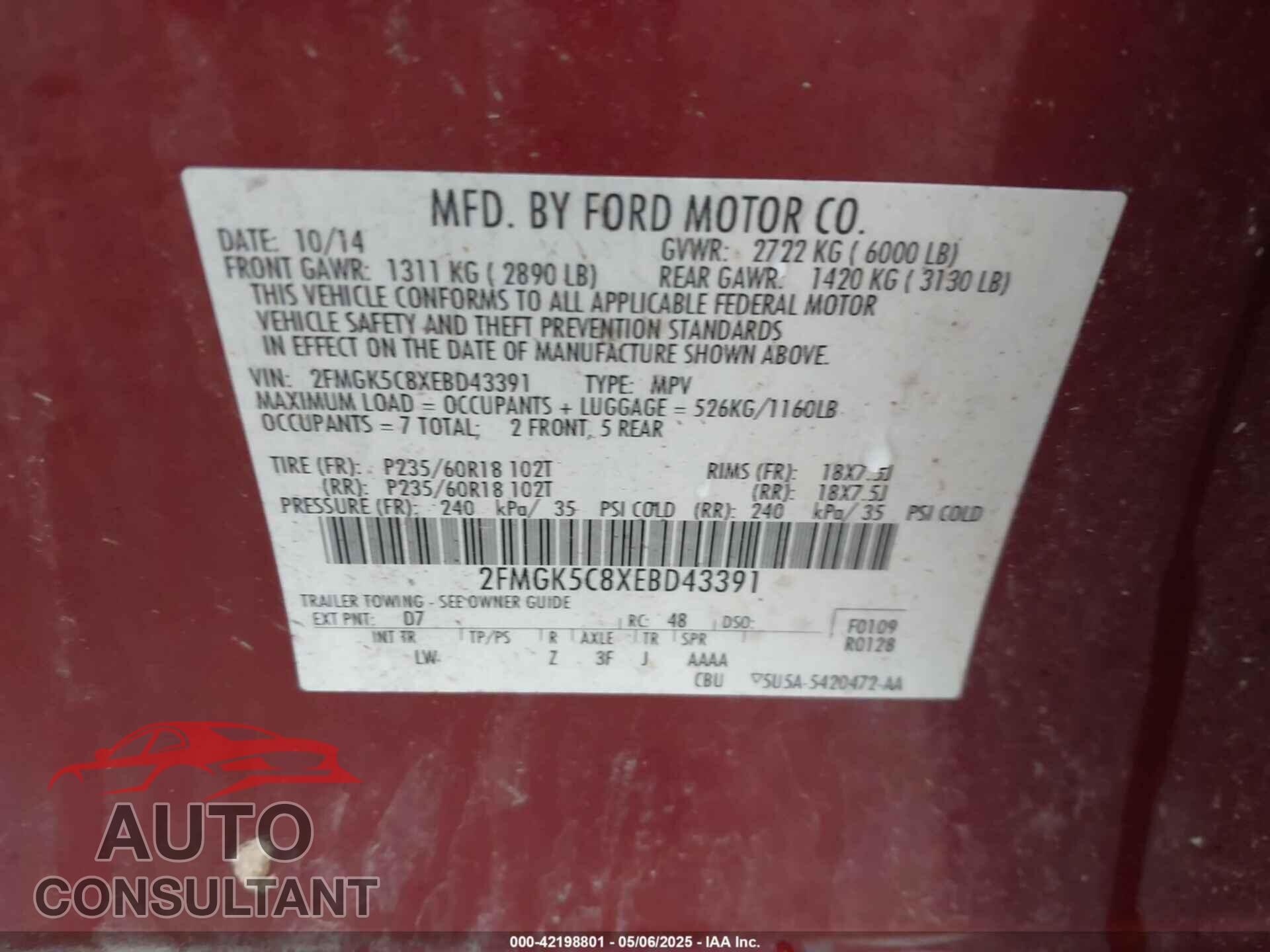 FORD FLEX 2014 - 2FMGK5C8XEBD43391