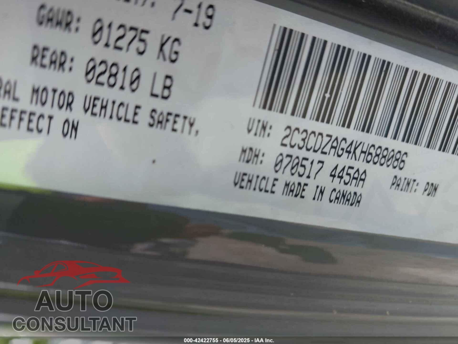 DODGE CHALLENGER 2019 - 2C3CDZAG4KH688086