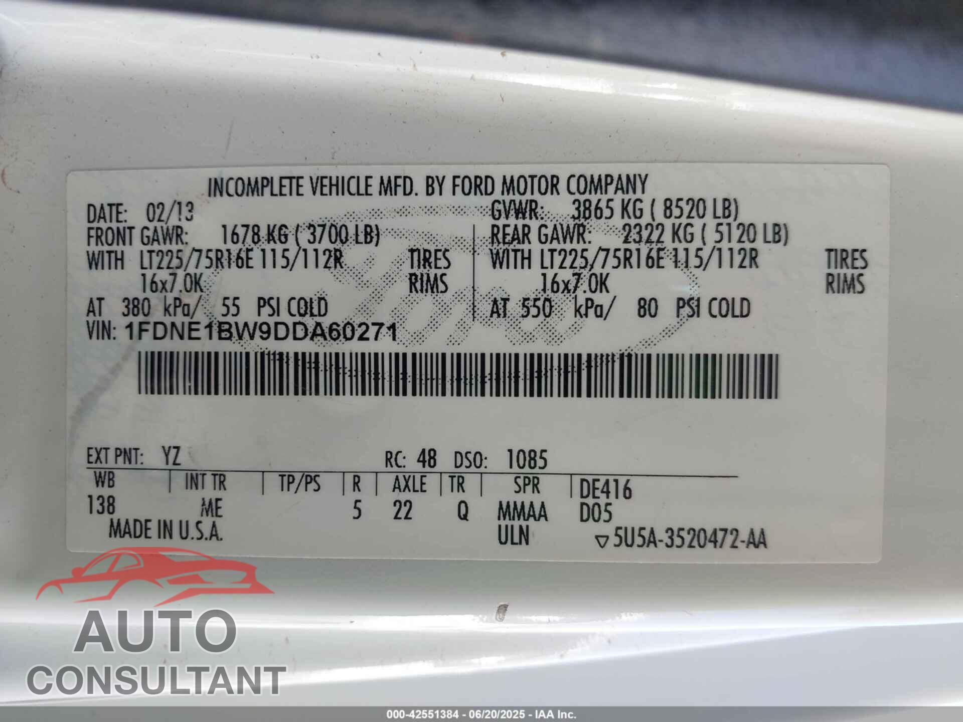 FORD E-150 2013 - 1FDNE1BW9DDA60271