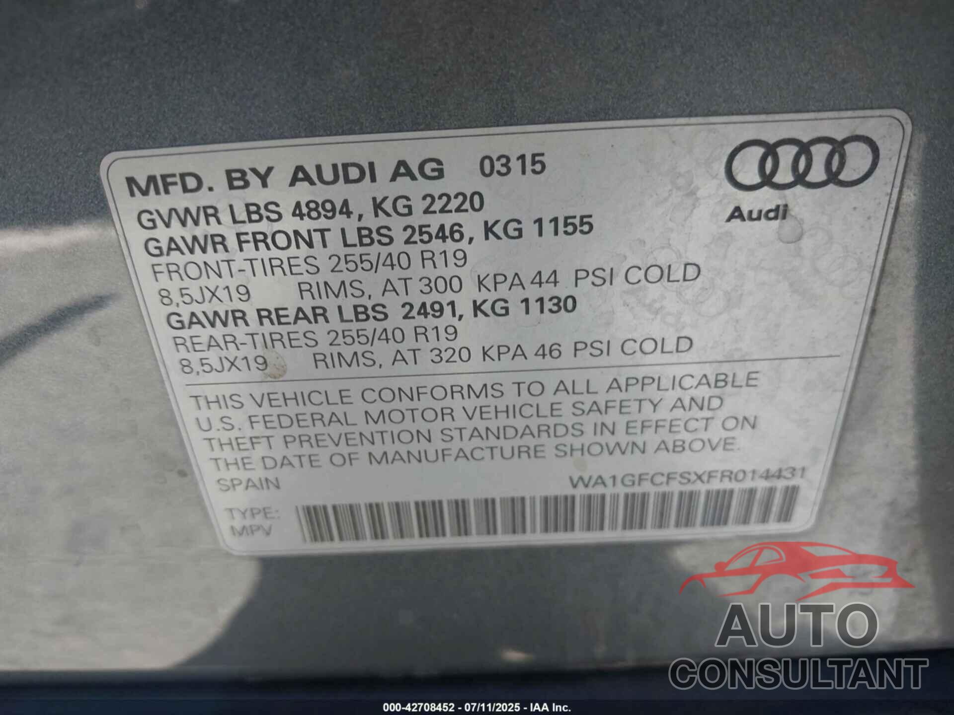 AUDI Q3 2015 - WA1GFCFSXFR014431