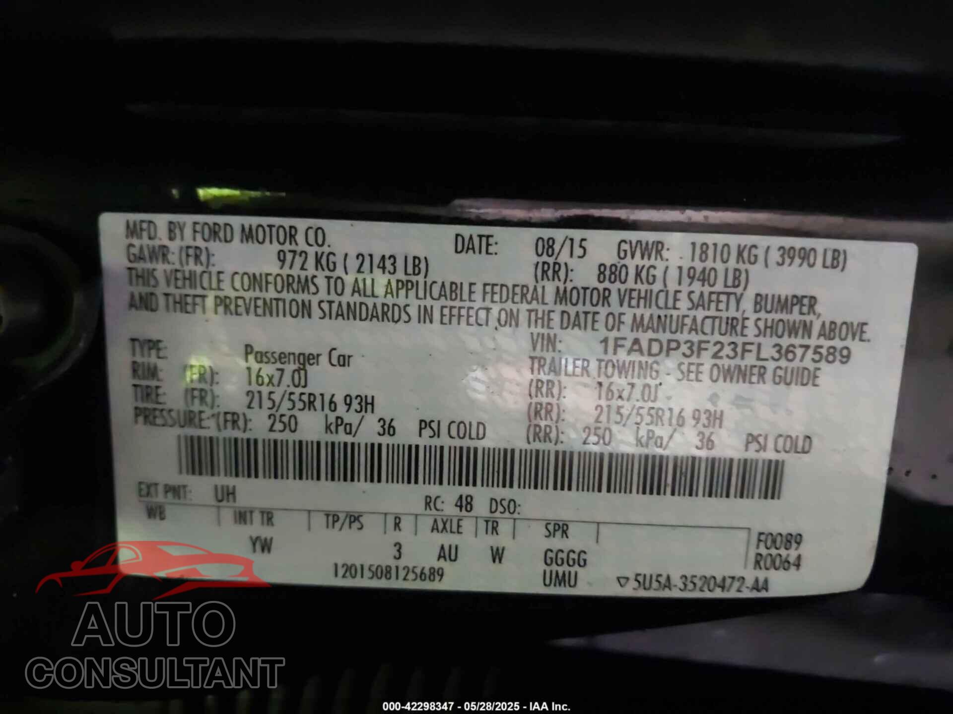 FORD FOCUS 2015 - 1FADP3F23FL367589