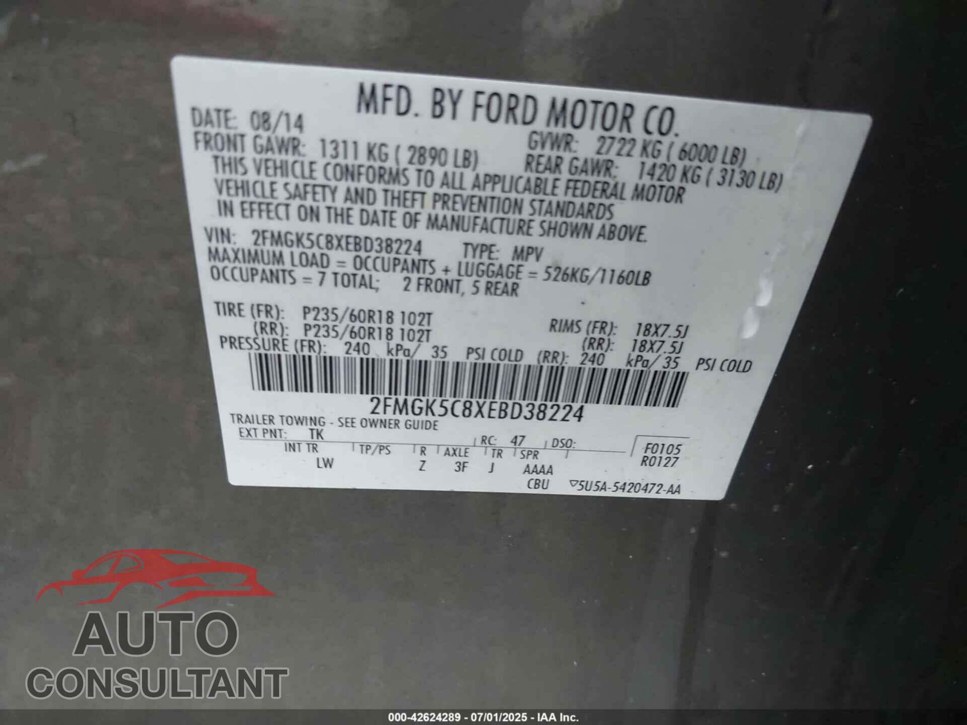 FORD FLEX 2014 - 2FMGK5C8XEBD38224
