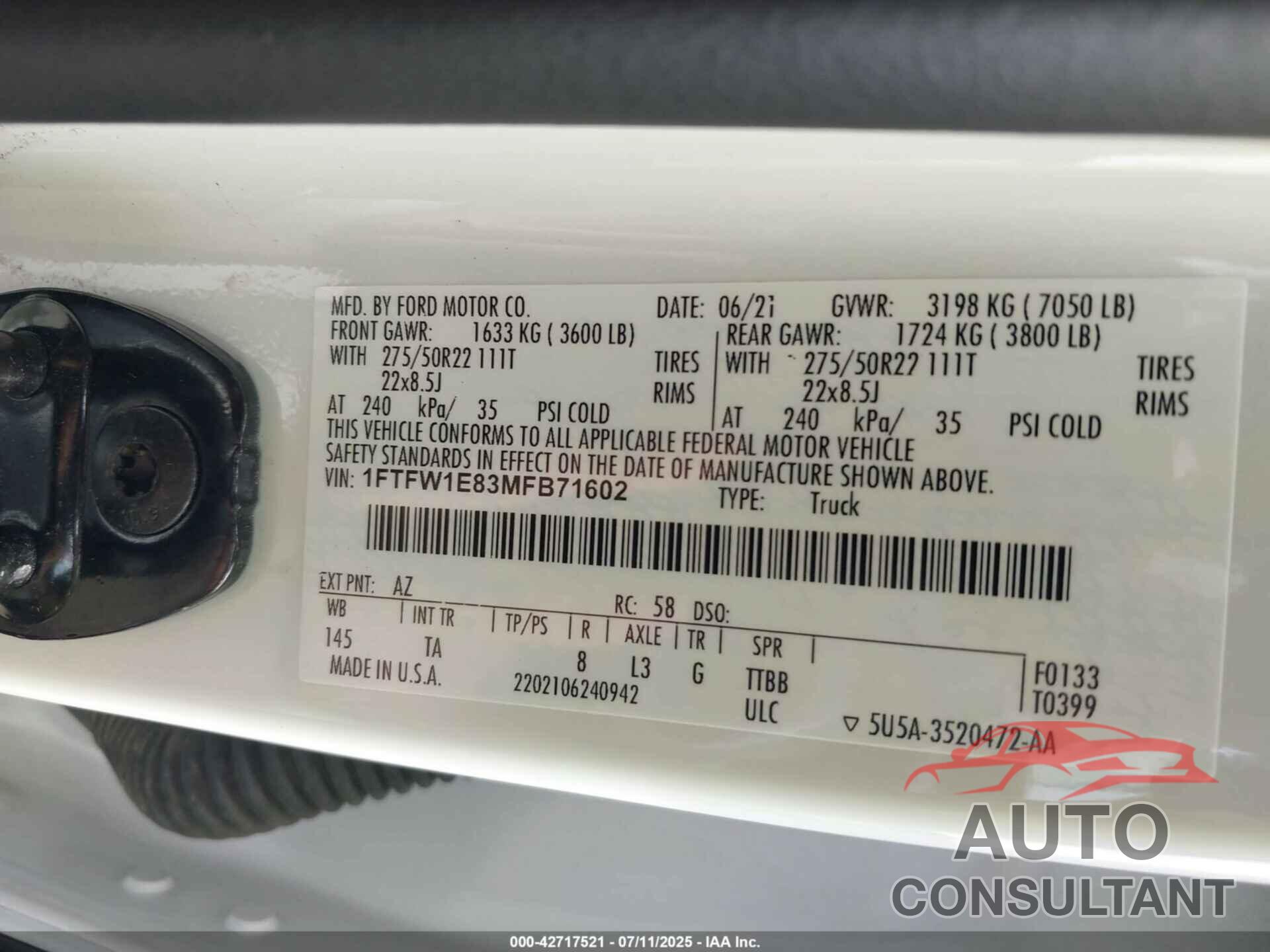 FORD F-150 2021 - 1FTFW1E83MFB71602