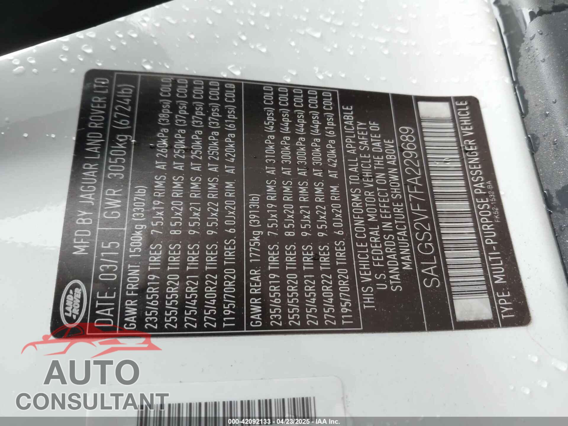 LAND ROVER RANGE ROVER 2015 - SALGS2VF7FA229689