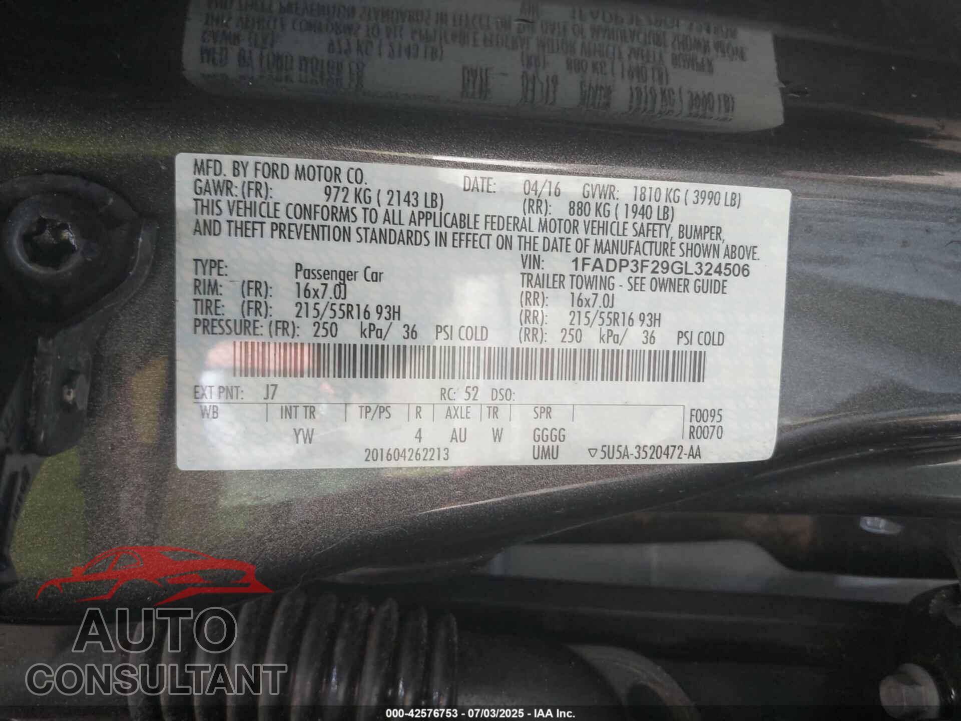 FORD FOCUS 2016 - 1FADP3F29GL324506
