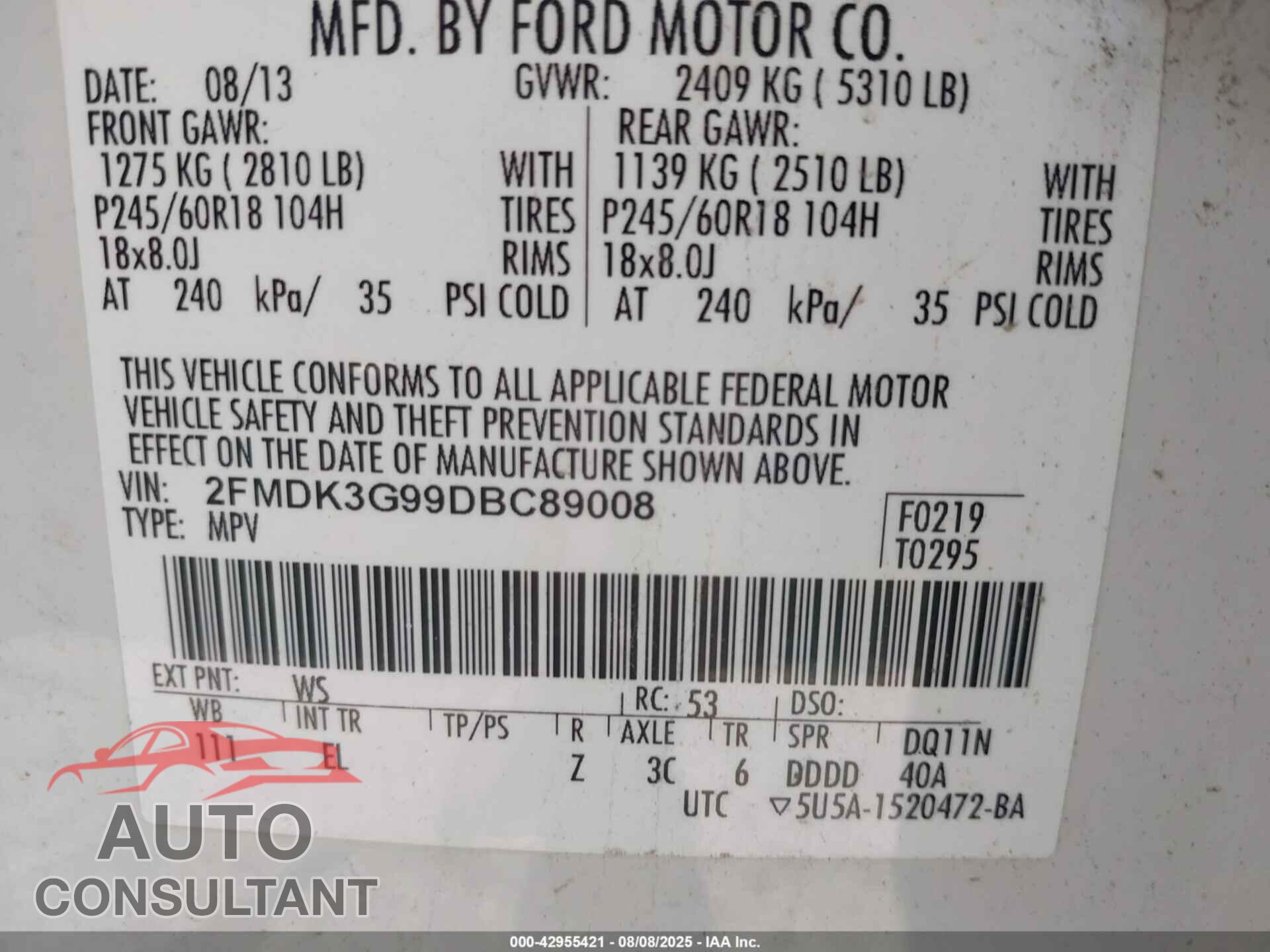 FORD EDGE 2013 - 2FMDK3G99DBC89008