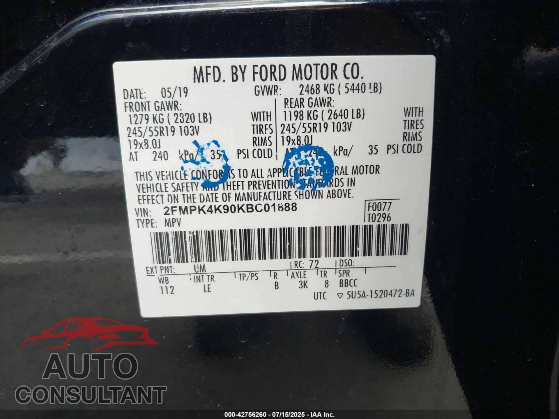 FORD EDGE 2019 - 2FMPK4K90KBC01888