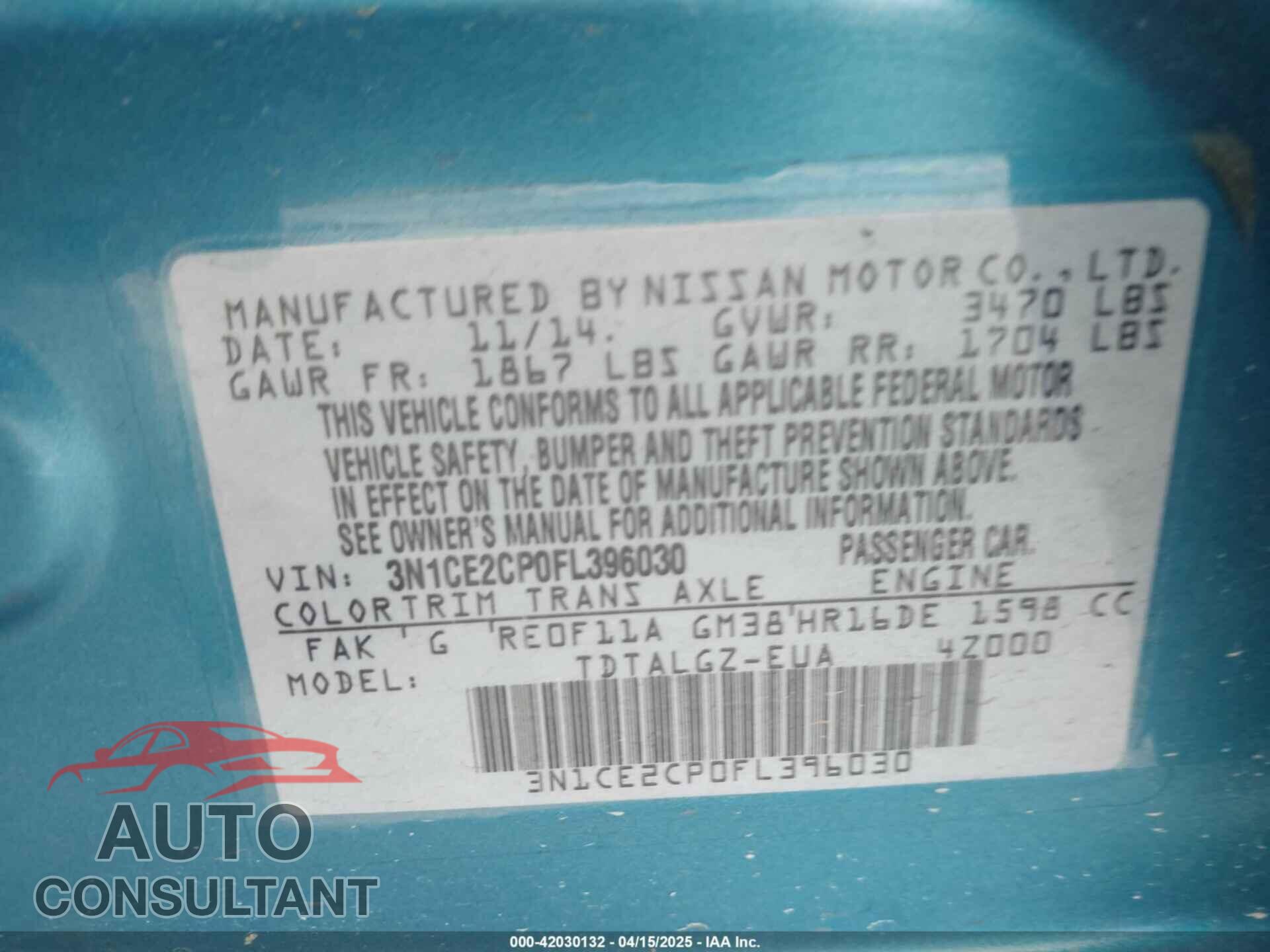 NISSAN VERSA NOTE 2015 - 3N1CE2CP0FL396030