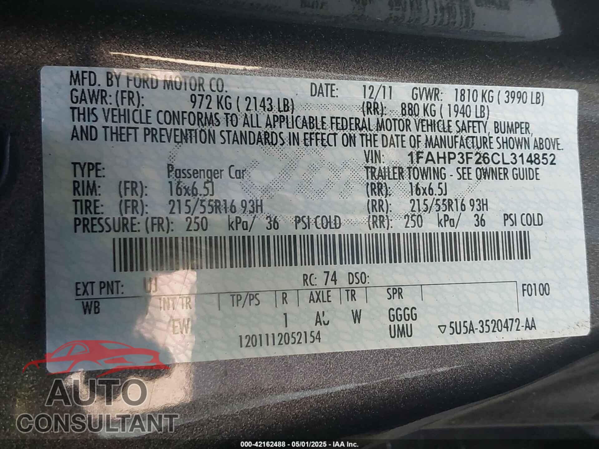 FORD FOCUS 2012 - 1FAHP3F26CK314852