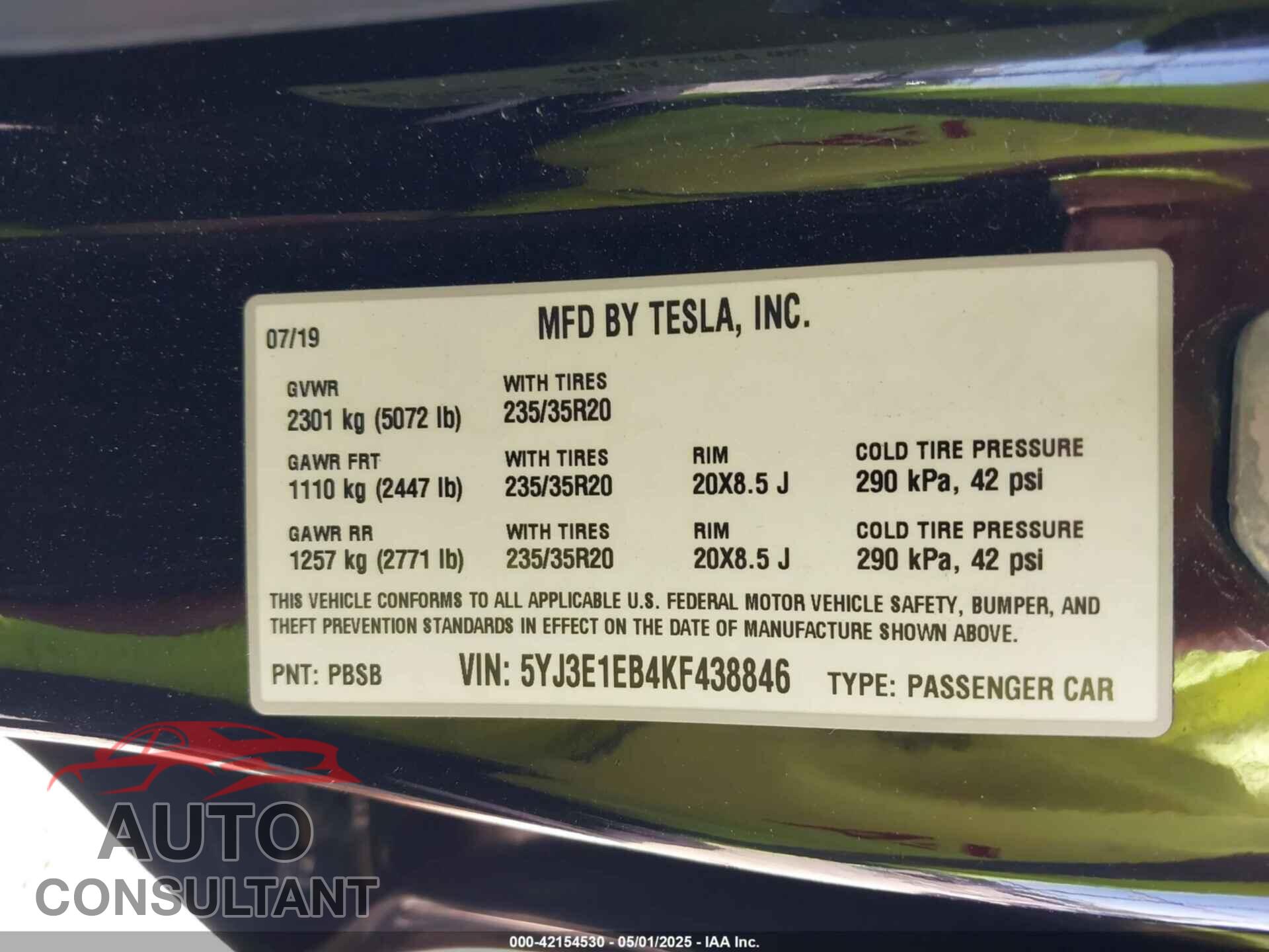 TESLA MODEL 3 2019 - 5YJ3E1EB4KF438846