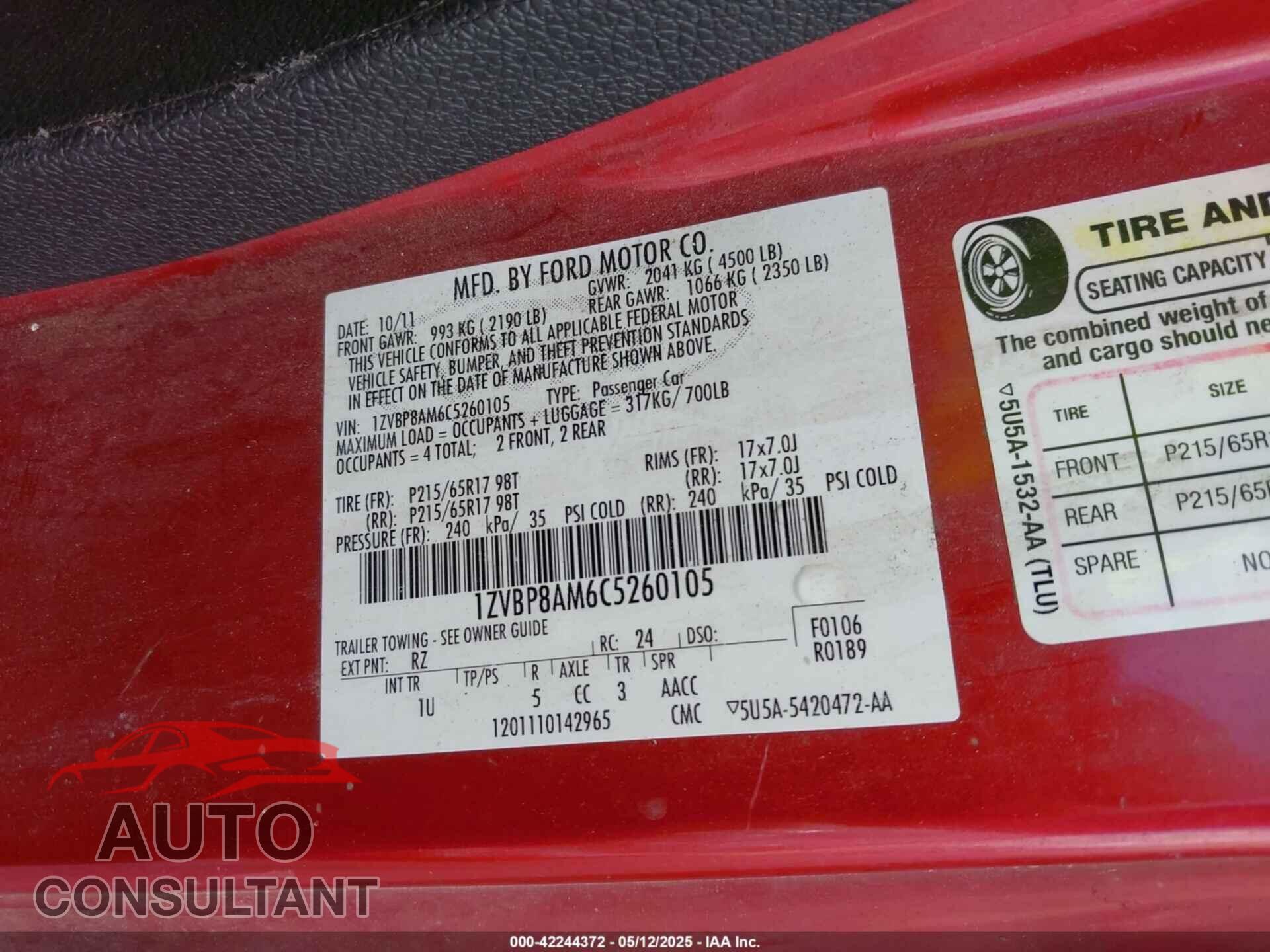 FORD MUSTANG 2012 - 1ZVBP8AM6C5260105