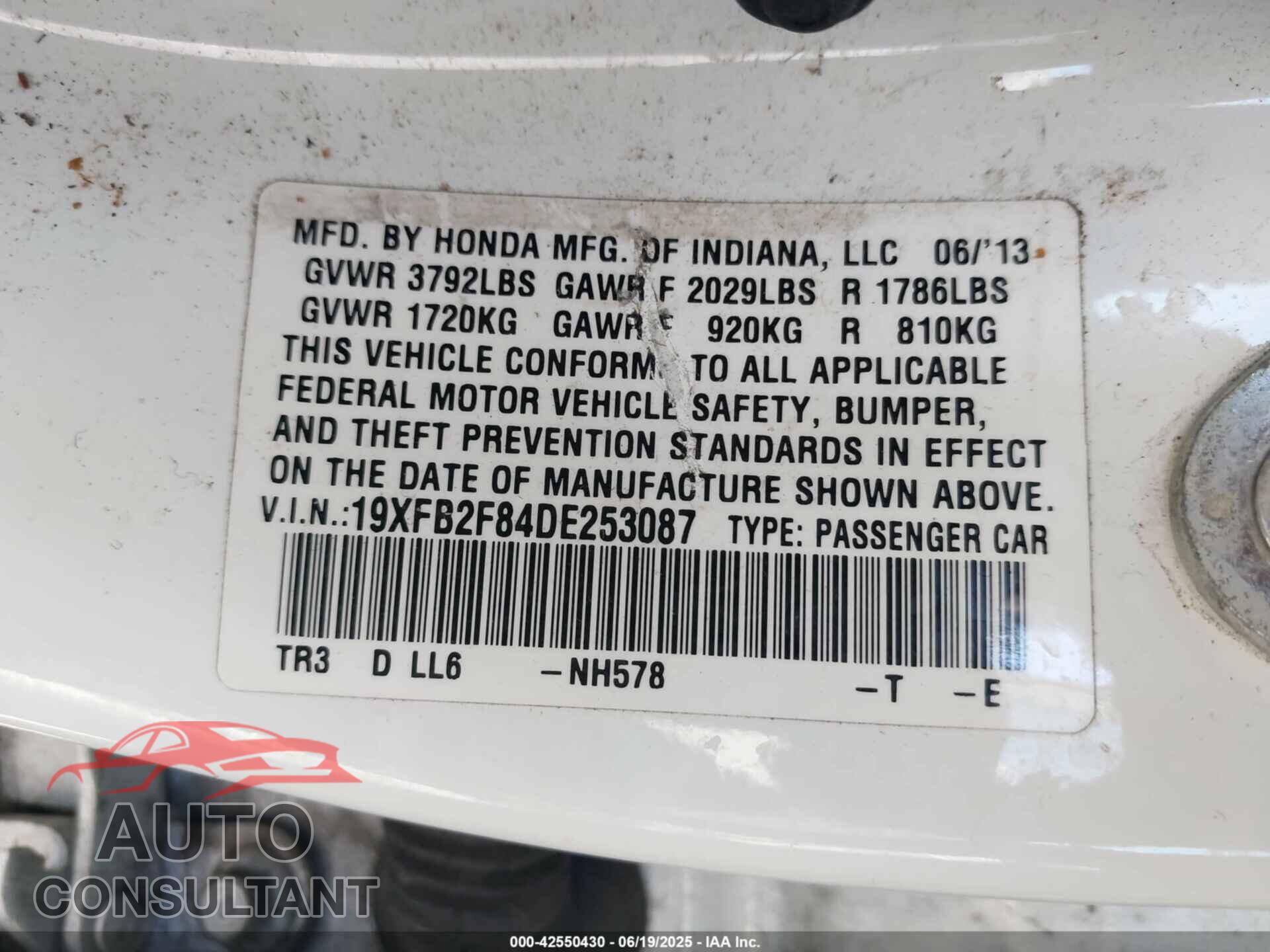 HONDA CIVIC 2013 - 19XFB2F84DE253087