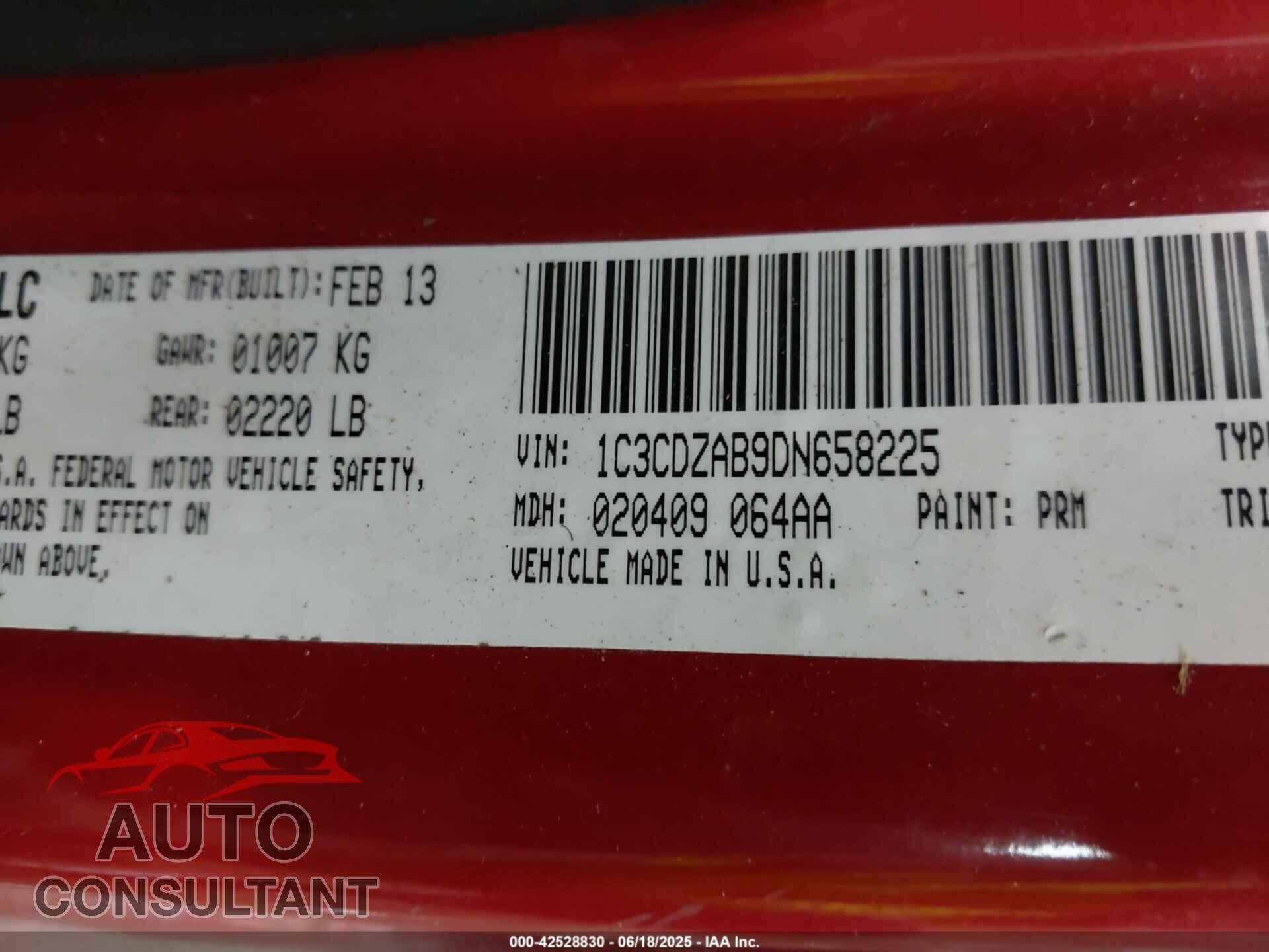 DODGE AVENGER 2013 - 1C3CDZAB9DN658225