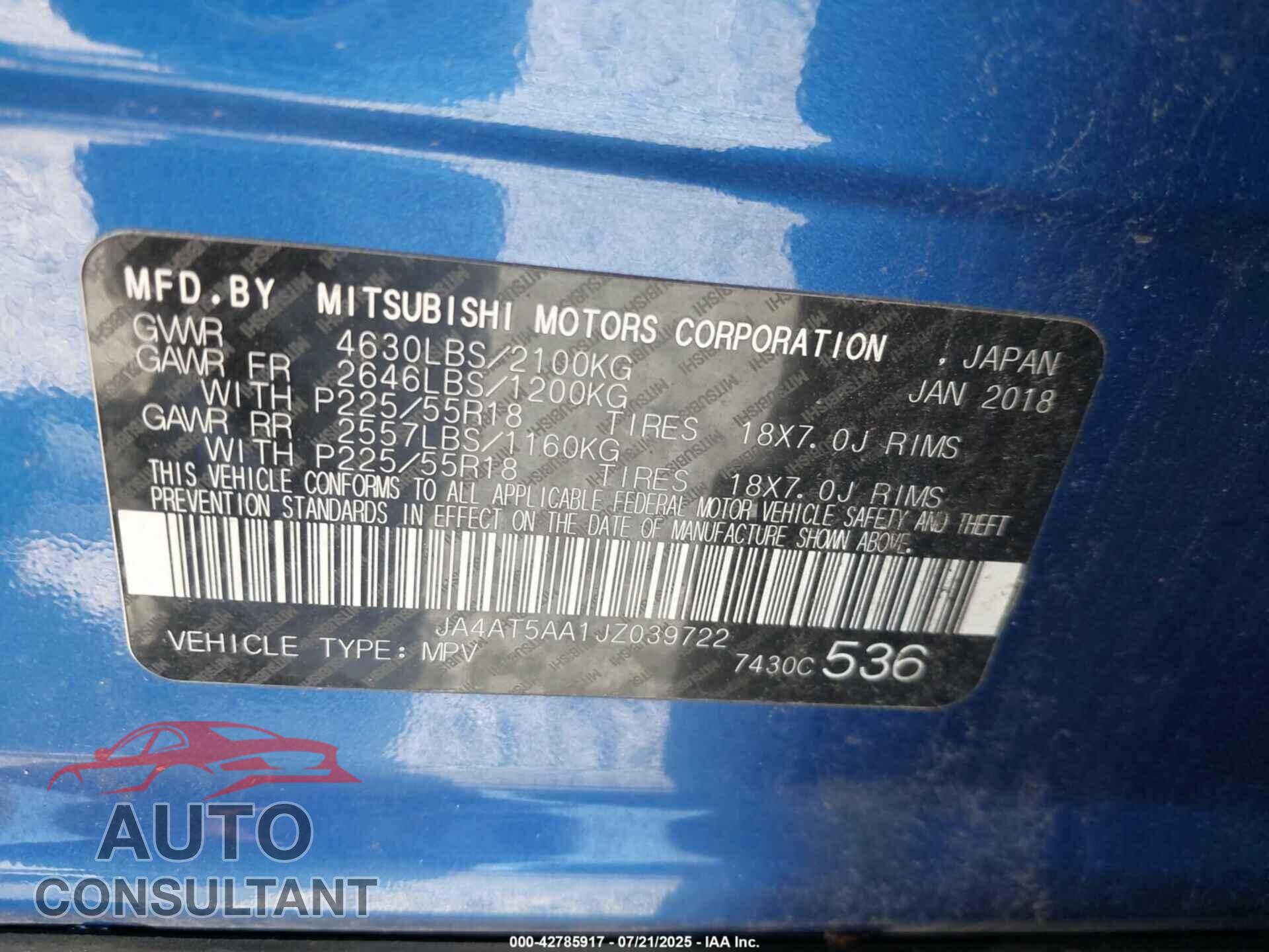 MITSUBISHI ECLIPSE CROSS 2018 - JA4AT5AA1JZ039722