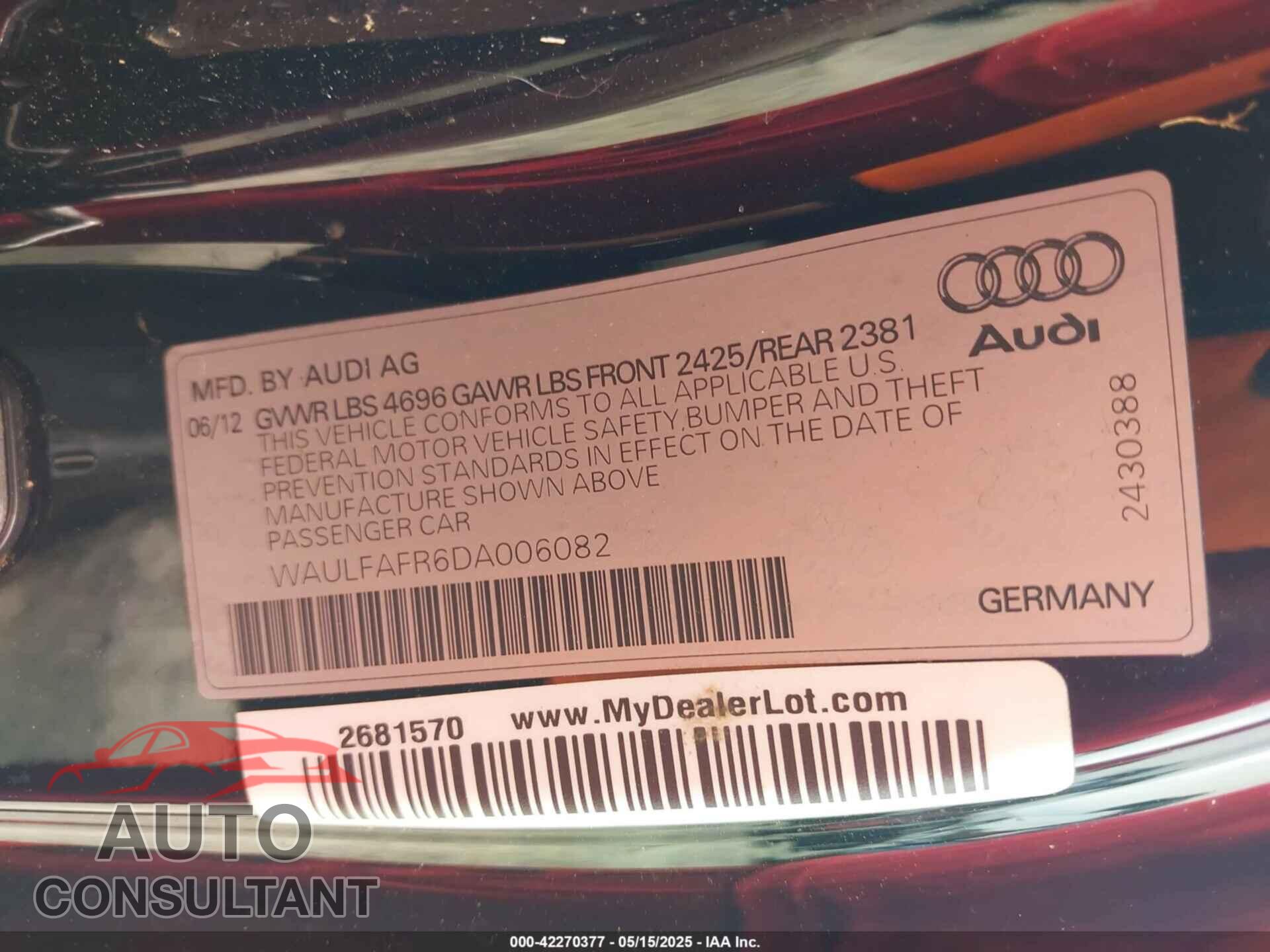 AUDI A5 2013 - WAULFAFR6DA006082