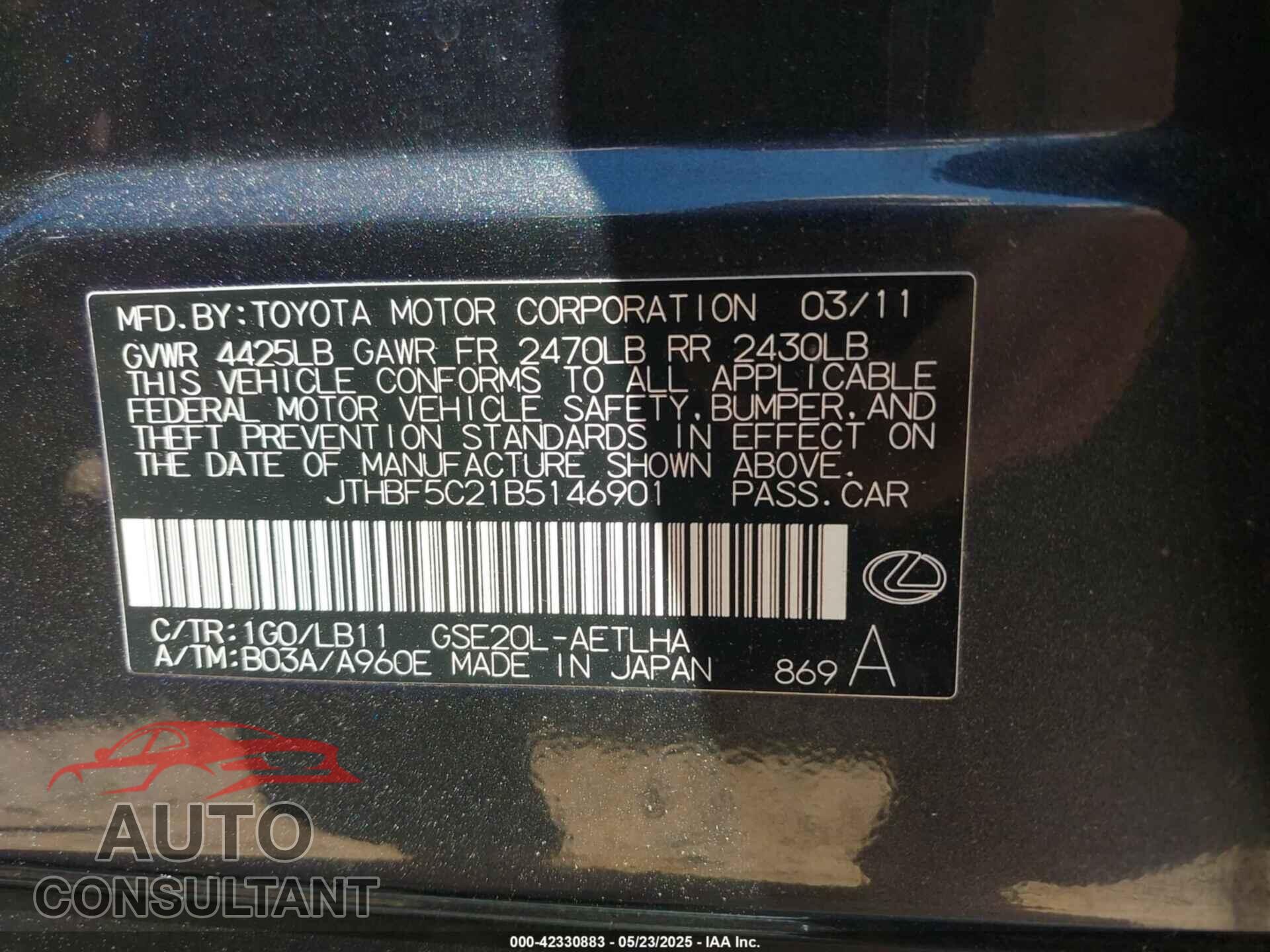 LEXUS IS 250 2011 - JTHBF5C21B5146901