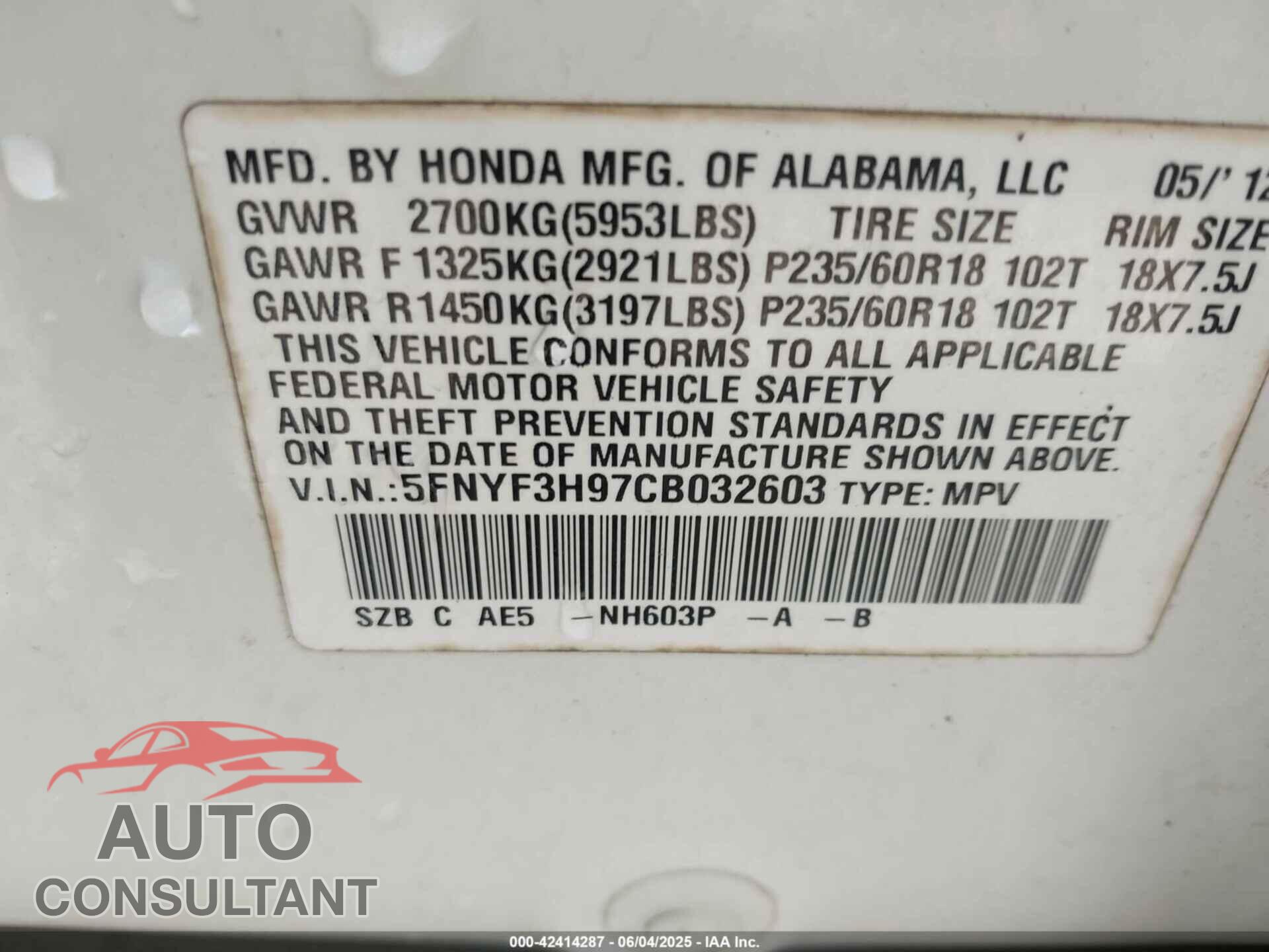 HONDA PILOT 2012 - 5FNYF3H97CB032603