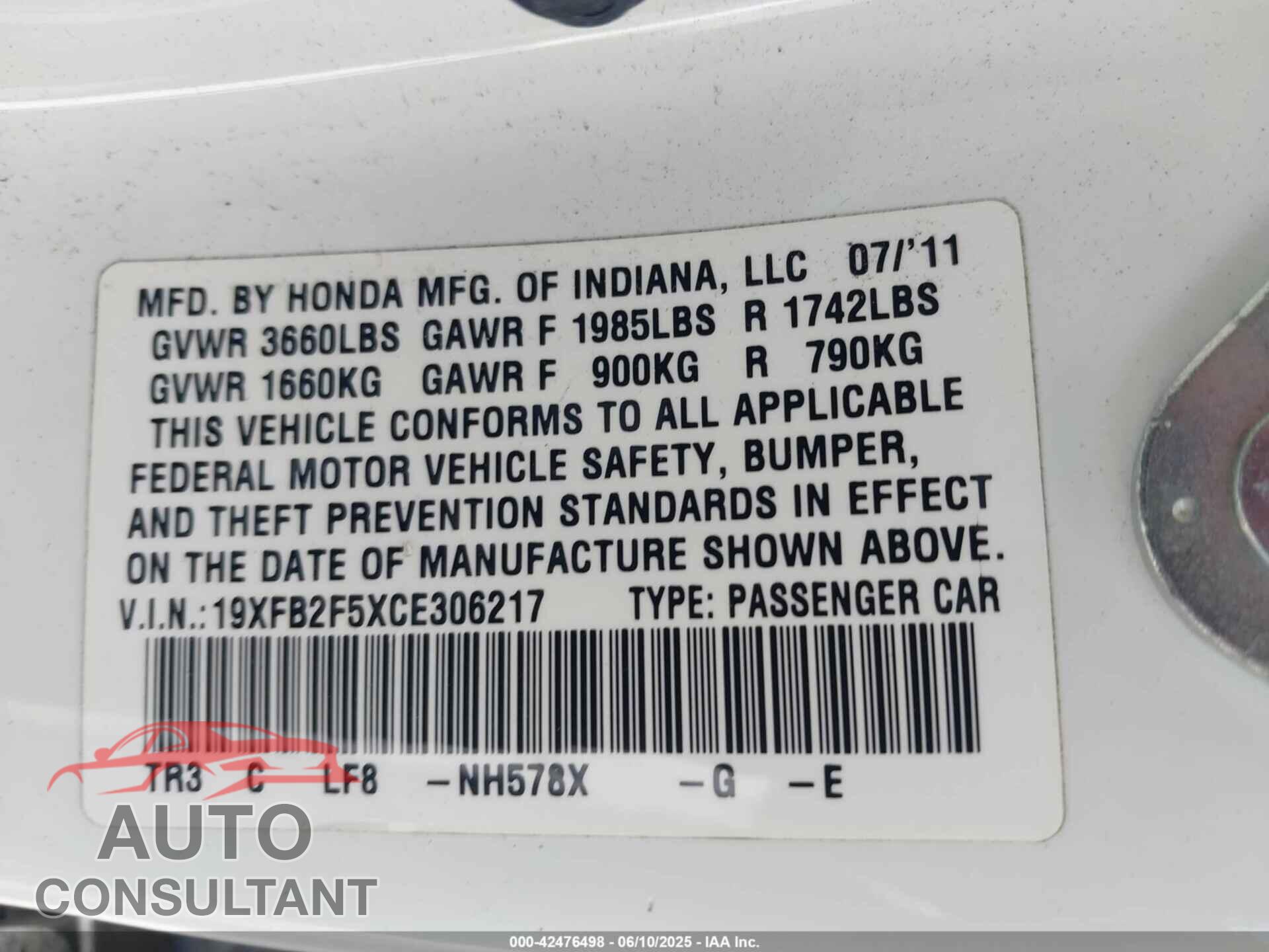 HONDA CIVIC 2012 - 19XFB2F5XCE306217