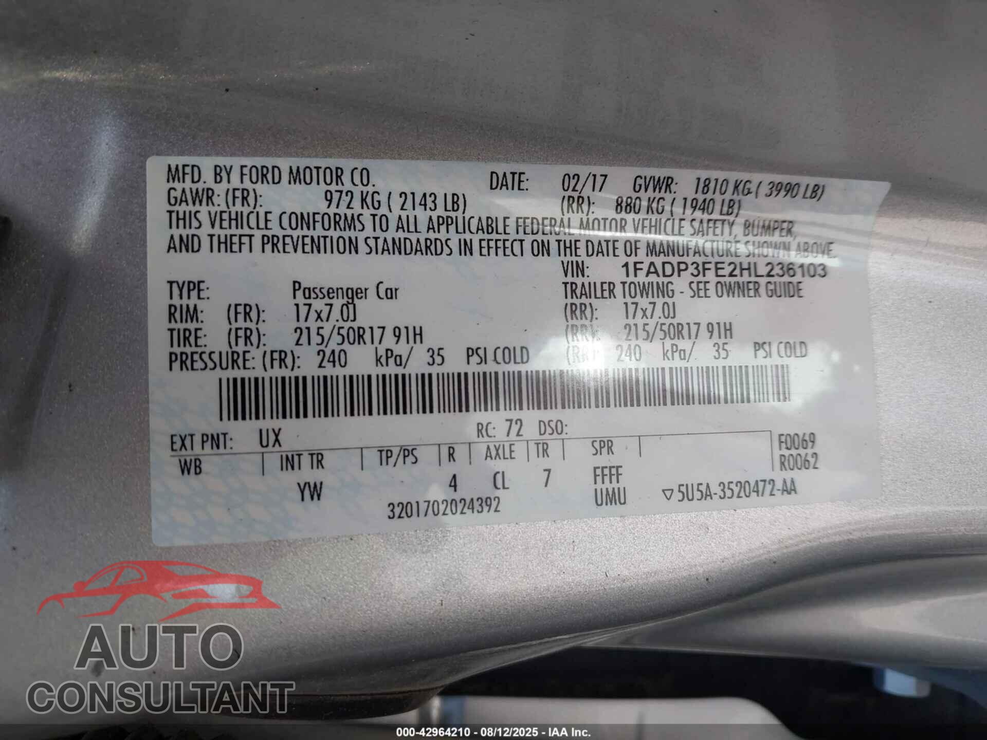 FORD FOCUS 2017 - 1FADP3FE2HL236103