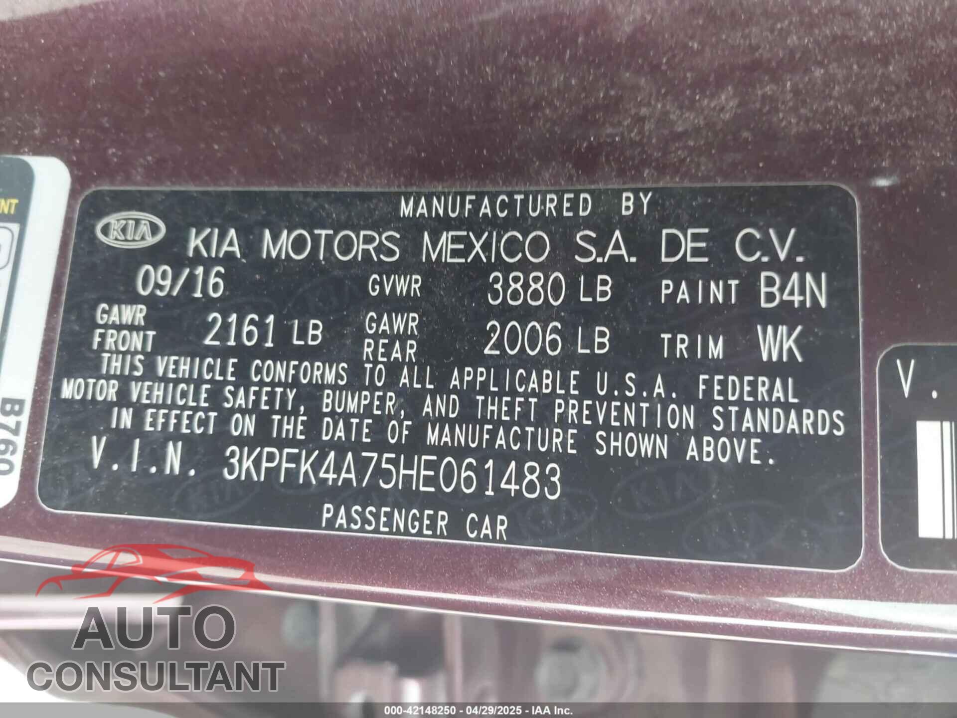KIA FORTE 2017 - 3KPFK4A75HE061483